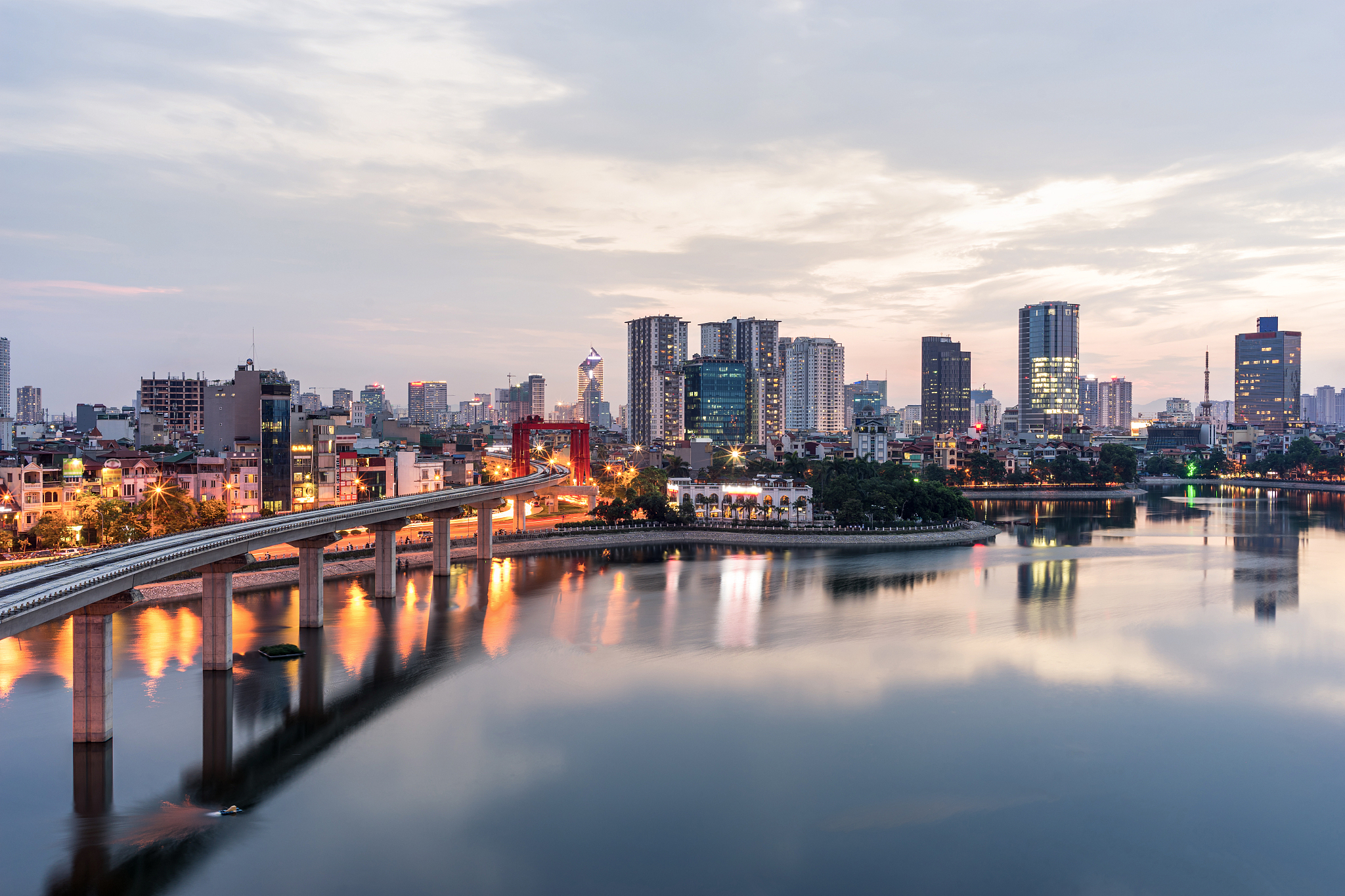 aerial skyline view of hanoi. cityscape at twilight