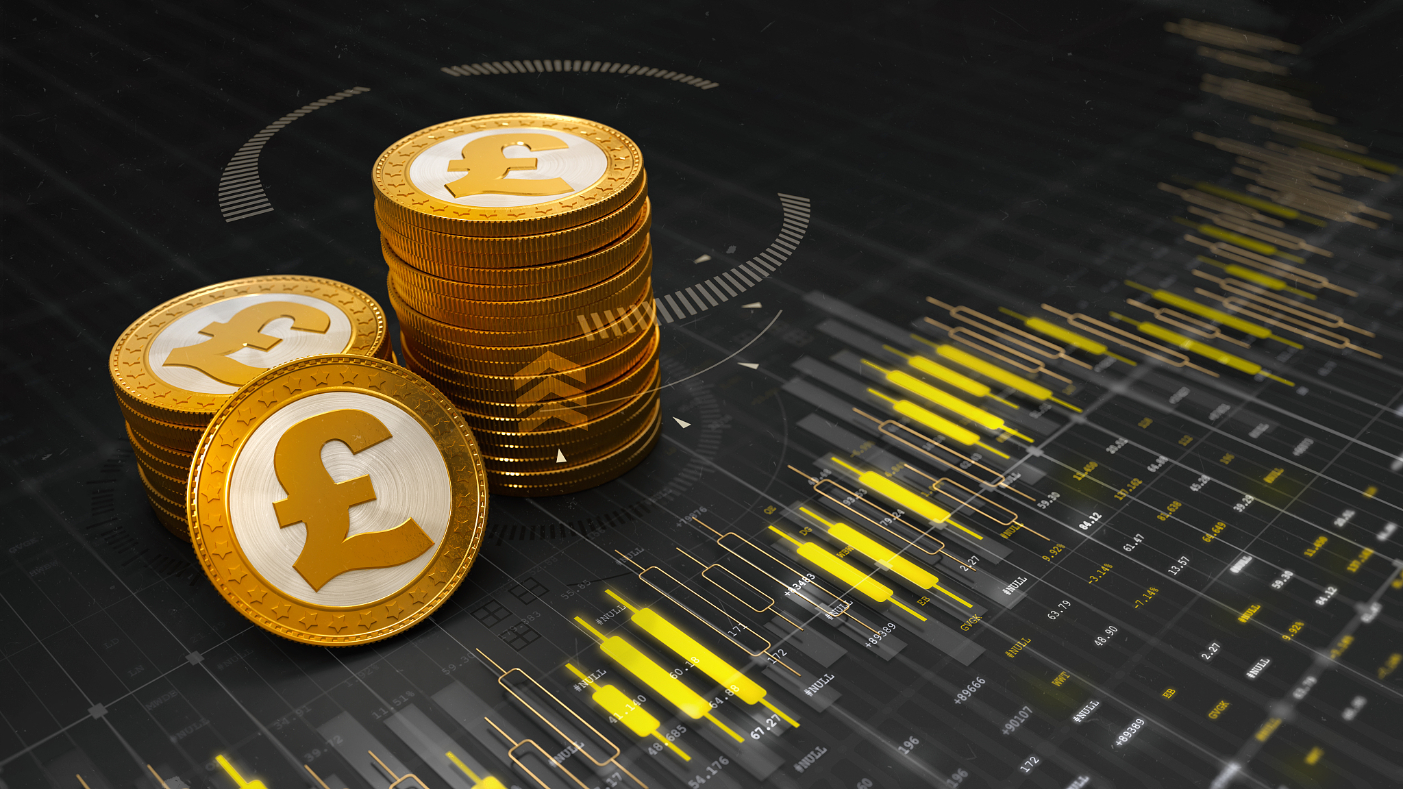 group of golden pound coins placed on graph chart with digits an