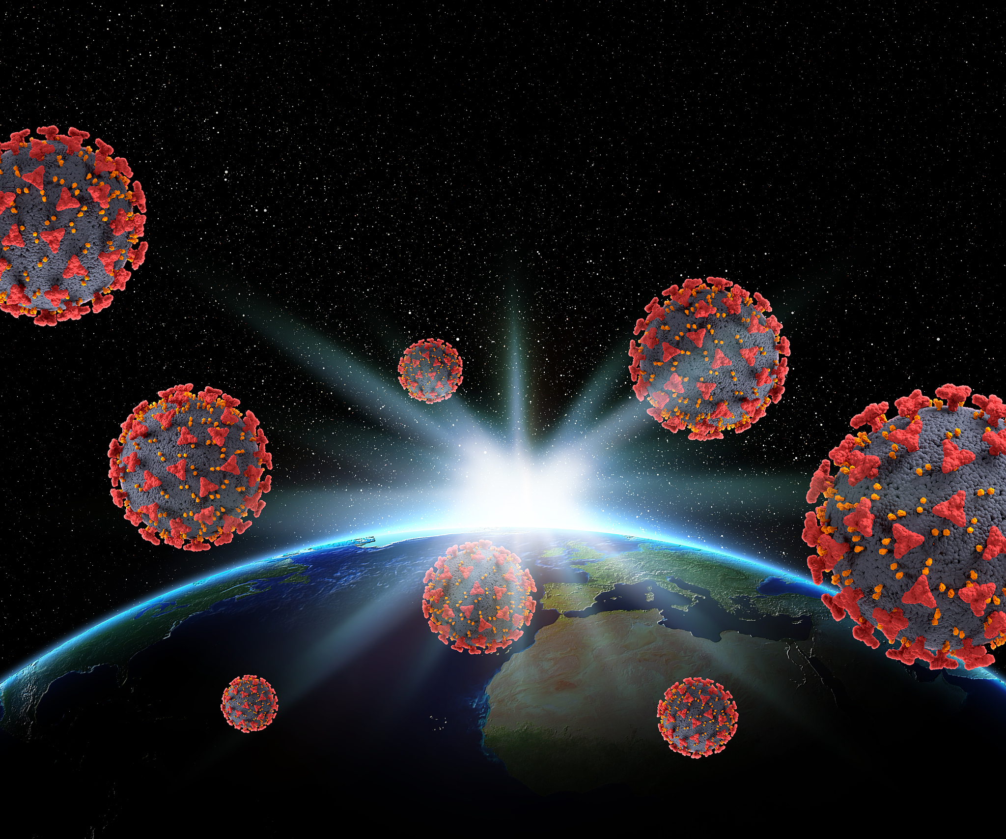 3d earth with corona virus cells circling it