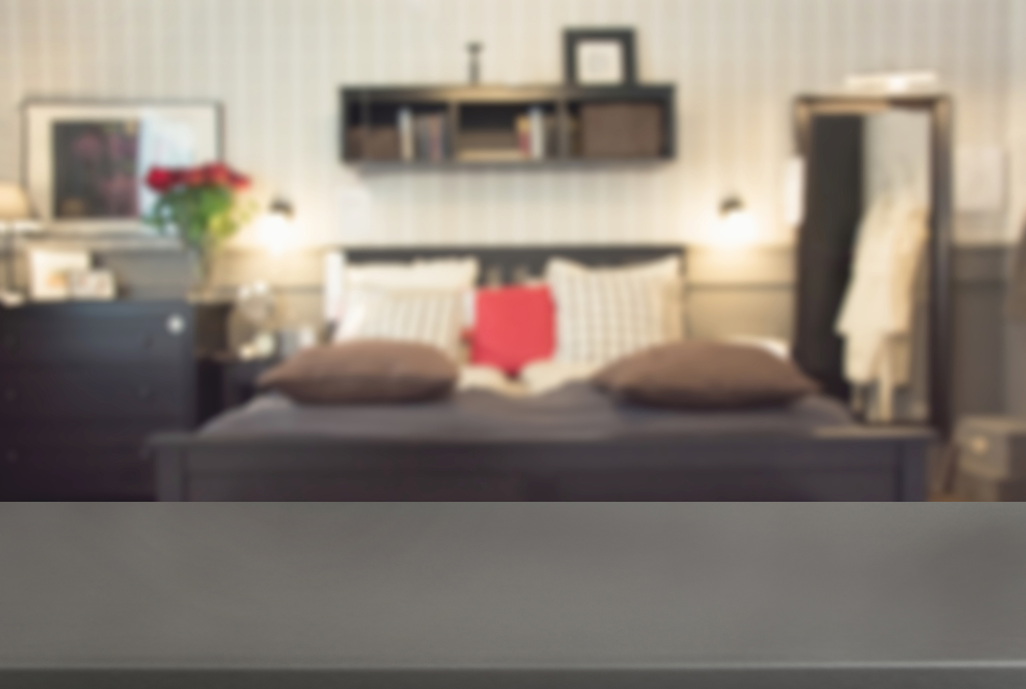 blurred modern bedroom as background with tabletop for display y