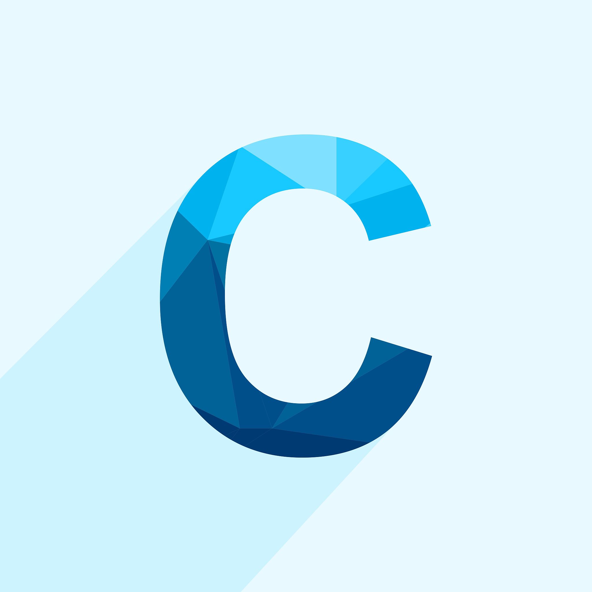 blue vector polygon letter c with long shadow.