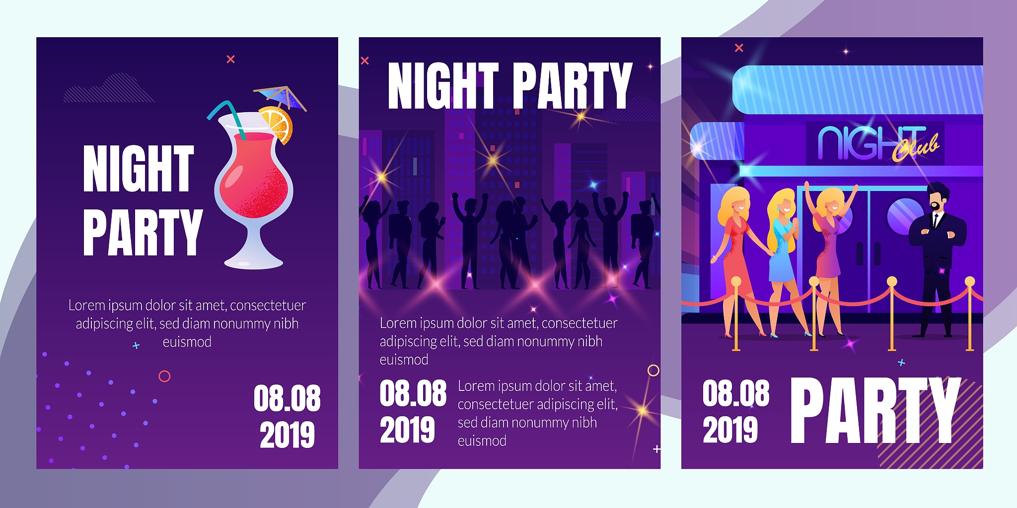 night party invitation flyers set for nightclub