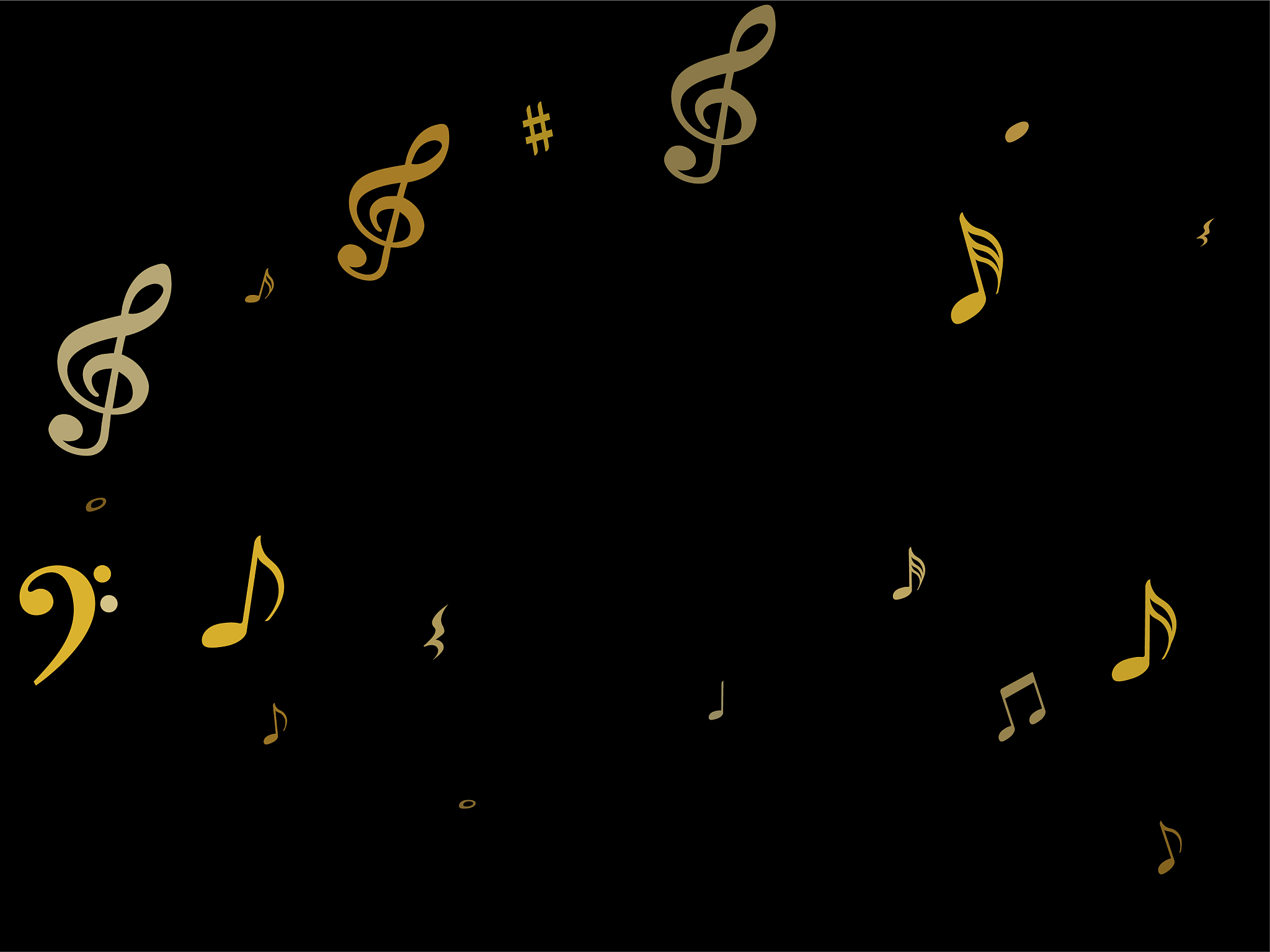 gold flying musical notes isolated on black backdrop.