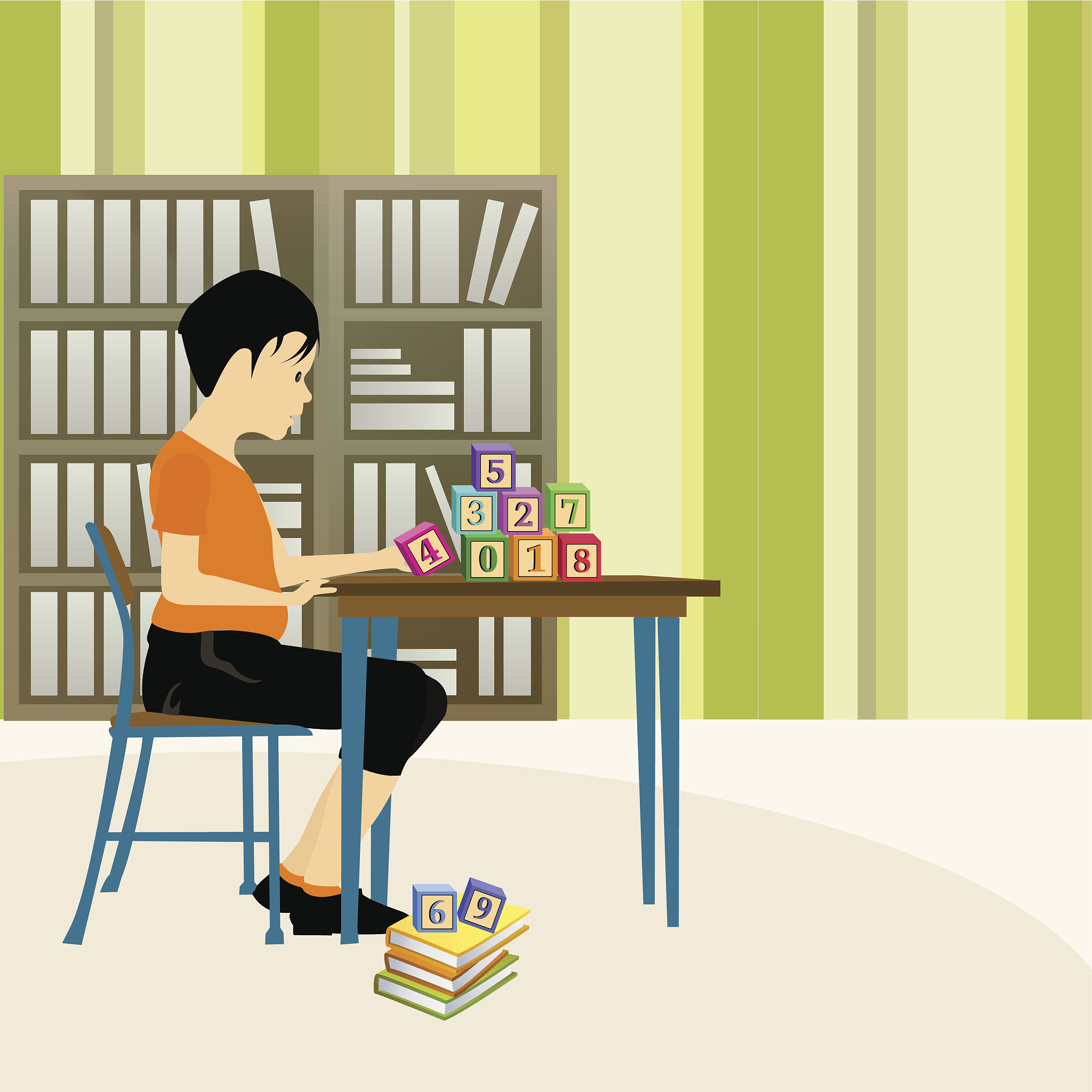 boy playing with number blocks in a library