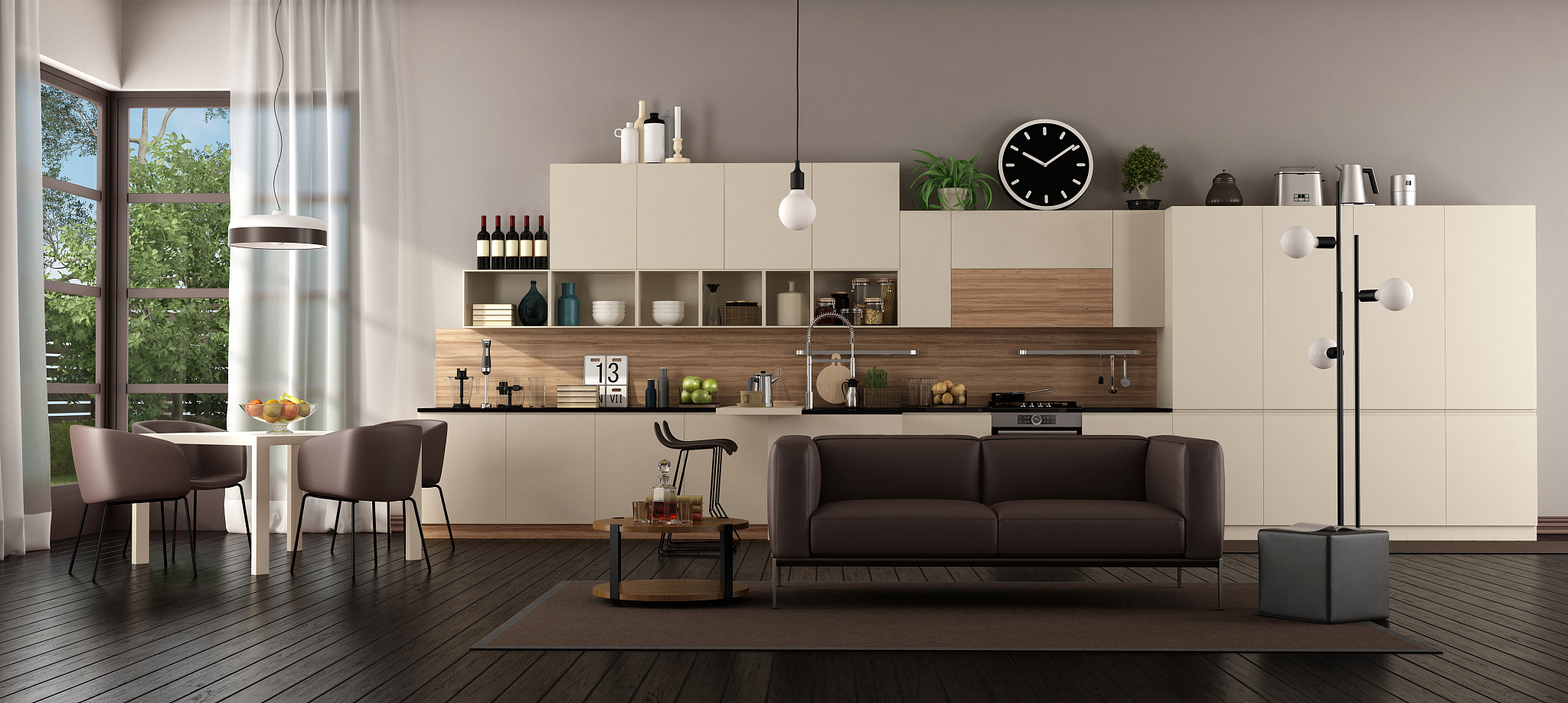 large living room with kitchen