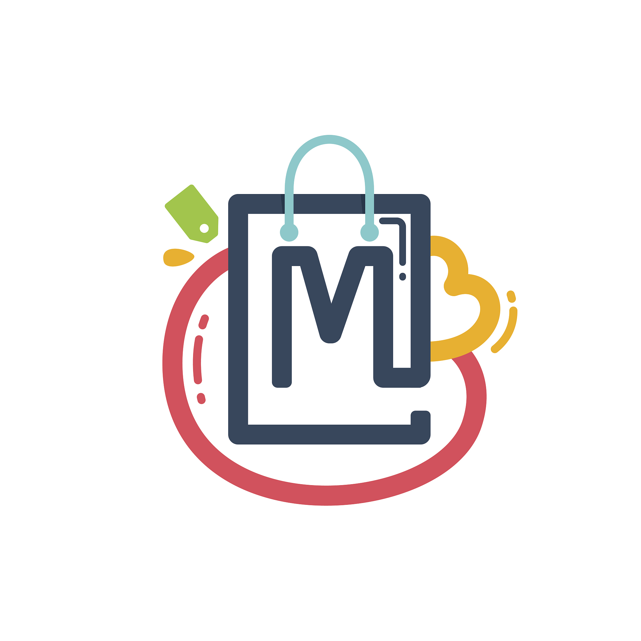 m letter with shopping bag and tag icon.