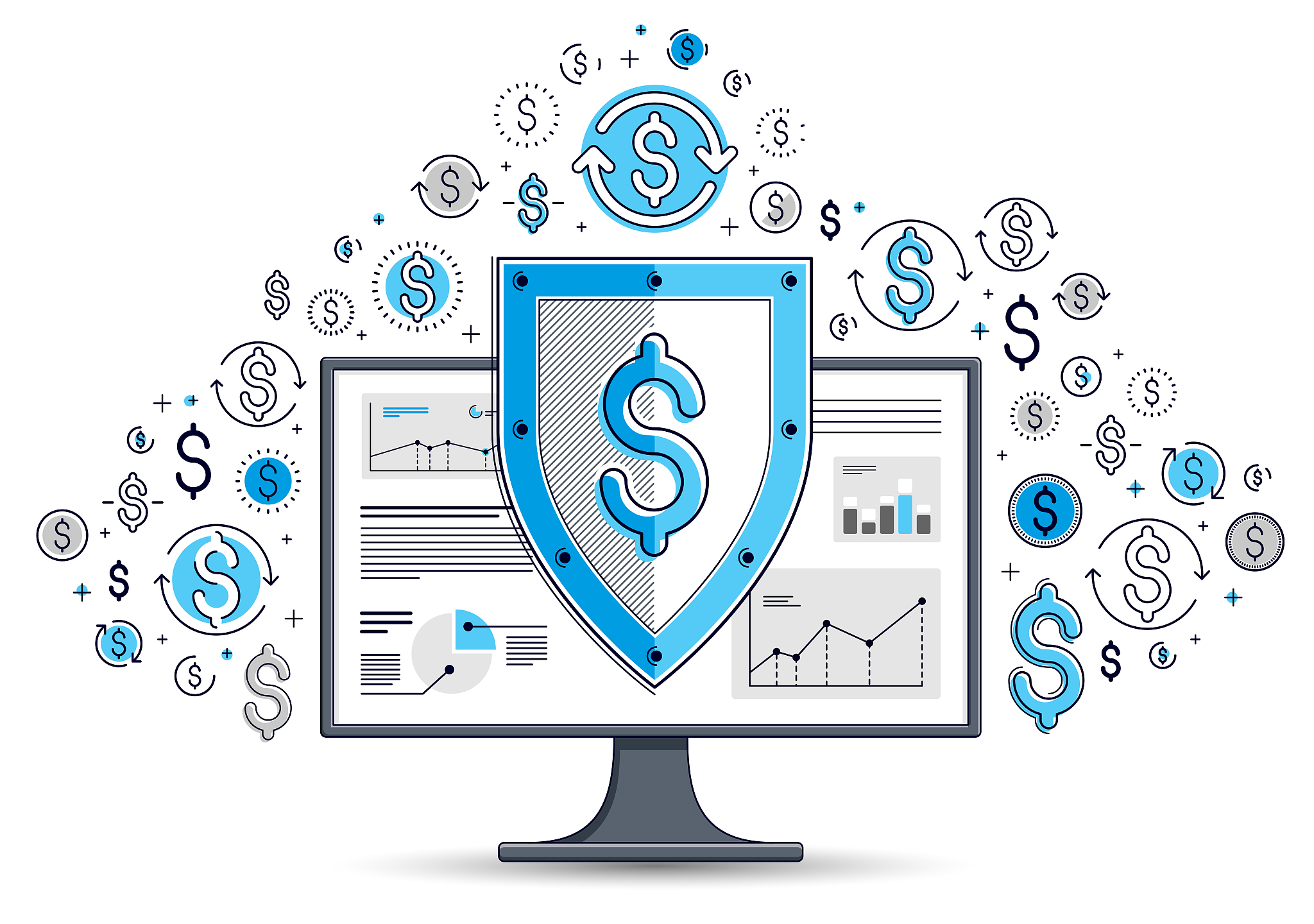 shield over computer monitor and dollar set of icons, internet f