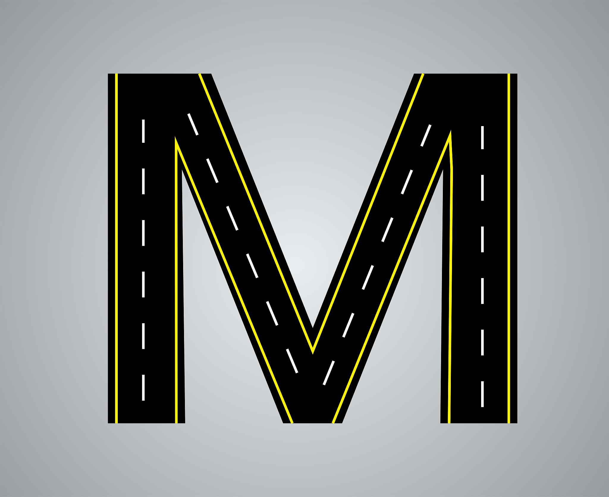 alphabet letter road with white and yellow line markings highway