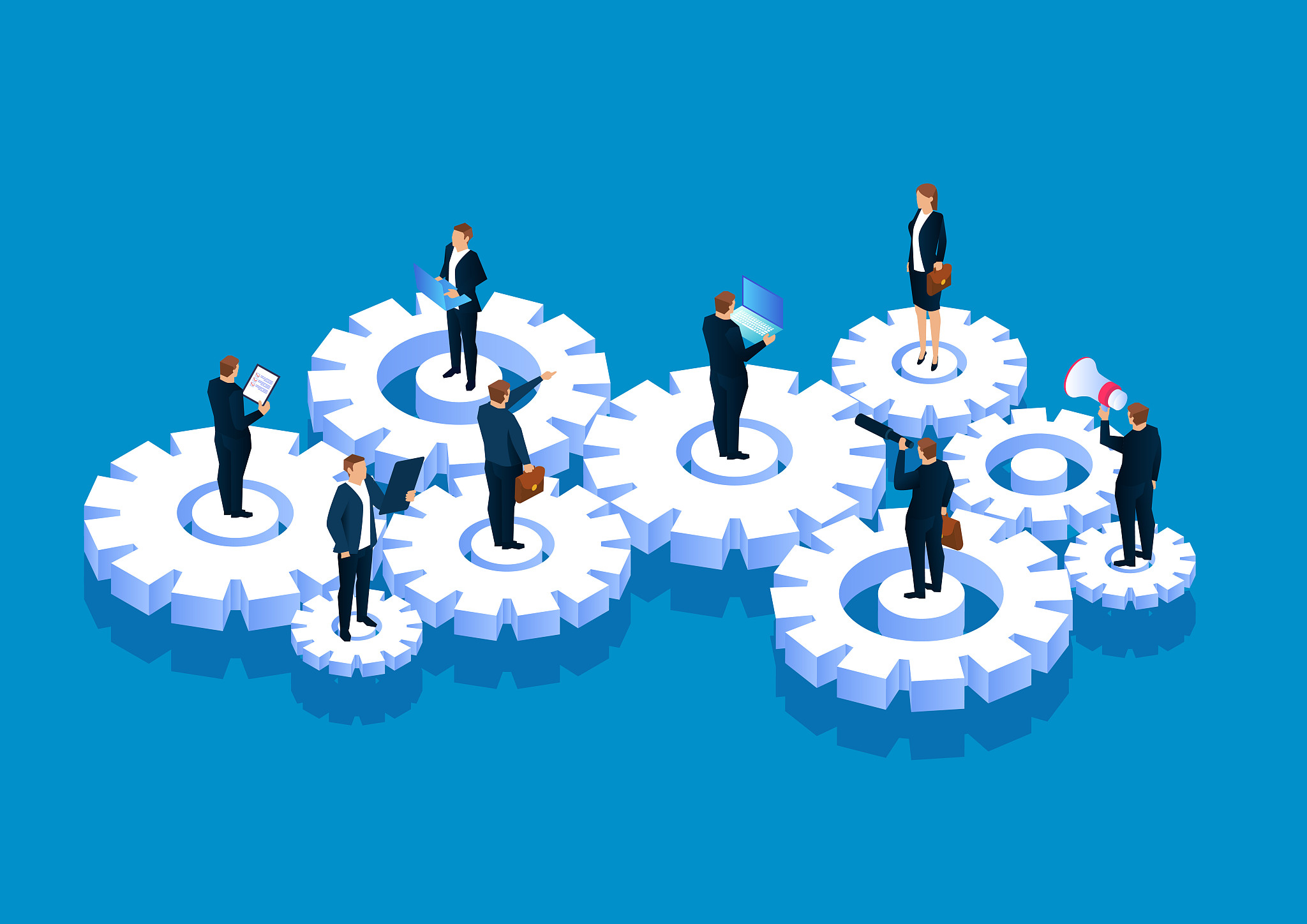 teamwork and operation, business people stand on gears