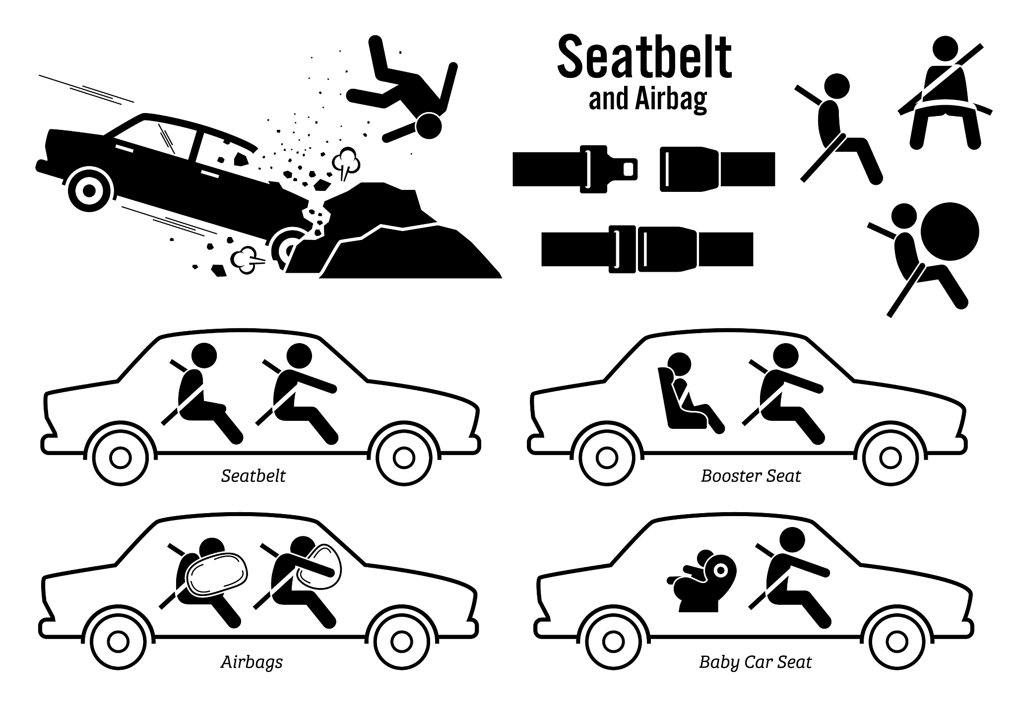 car seat belt and airbag artworks depict car