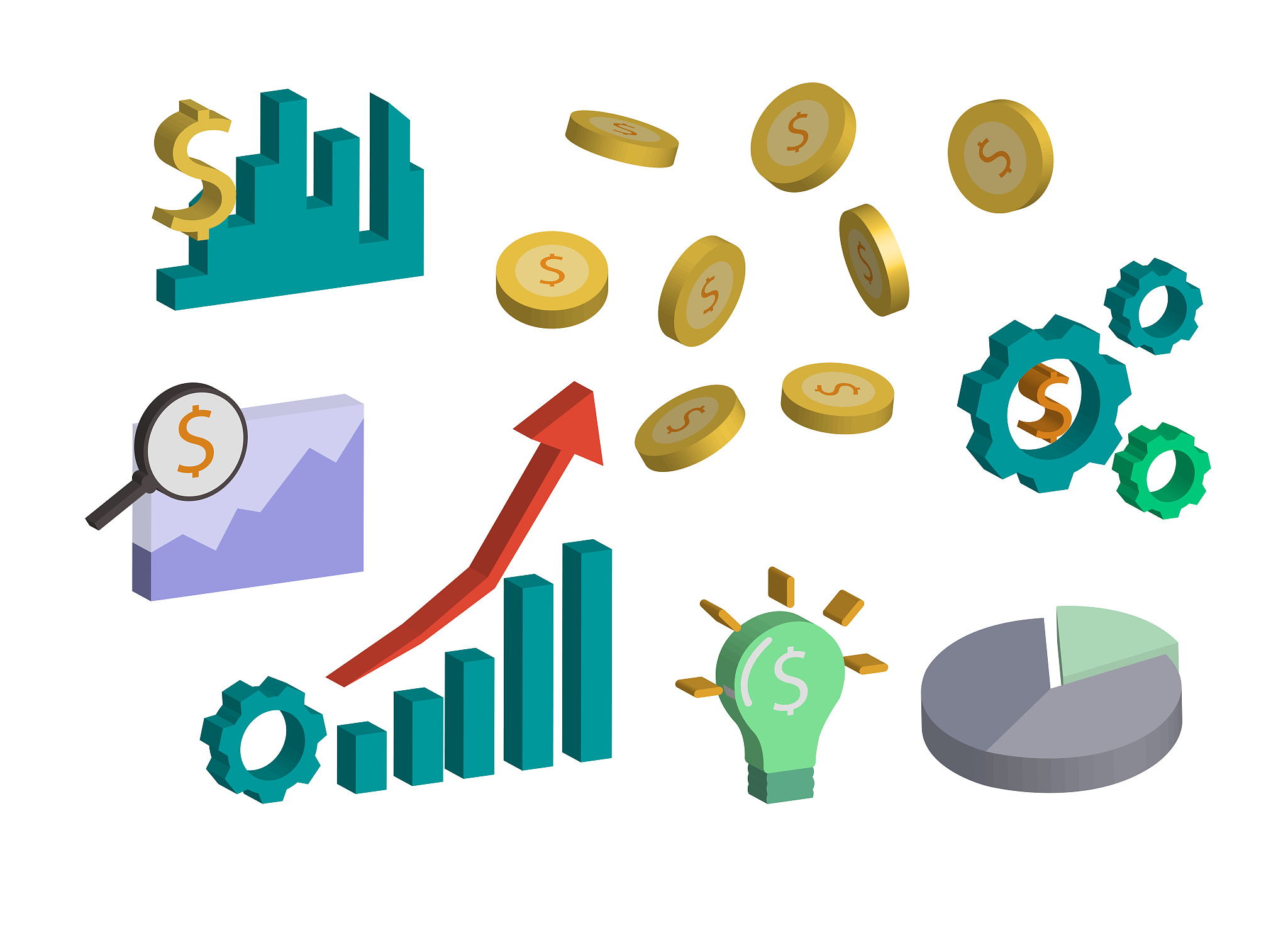 various symbols relating to investment and finance isolated on w