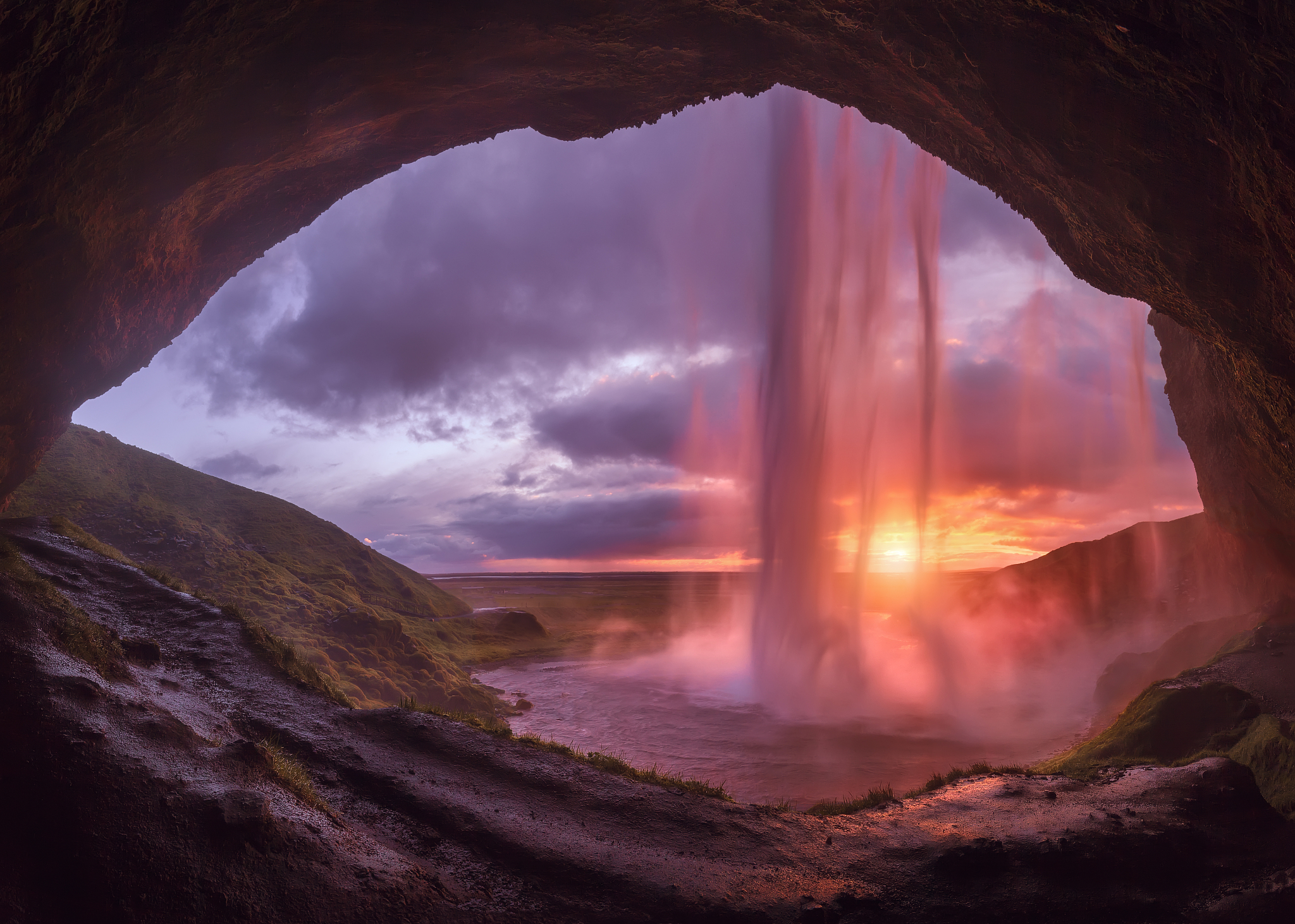 panorama behind popular seljalandsfoss waterfall on south icelan