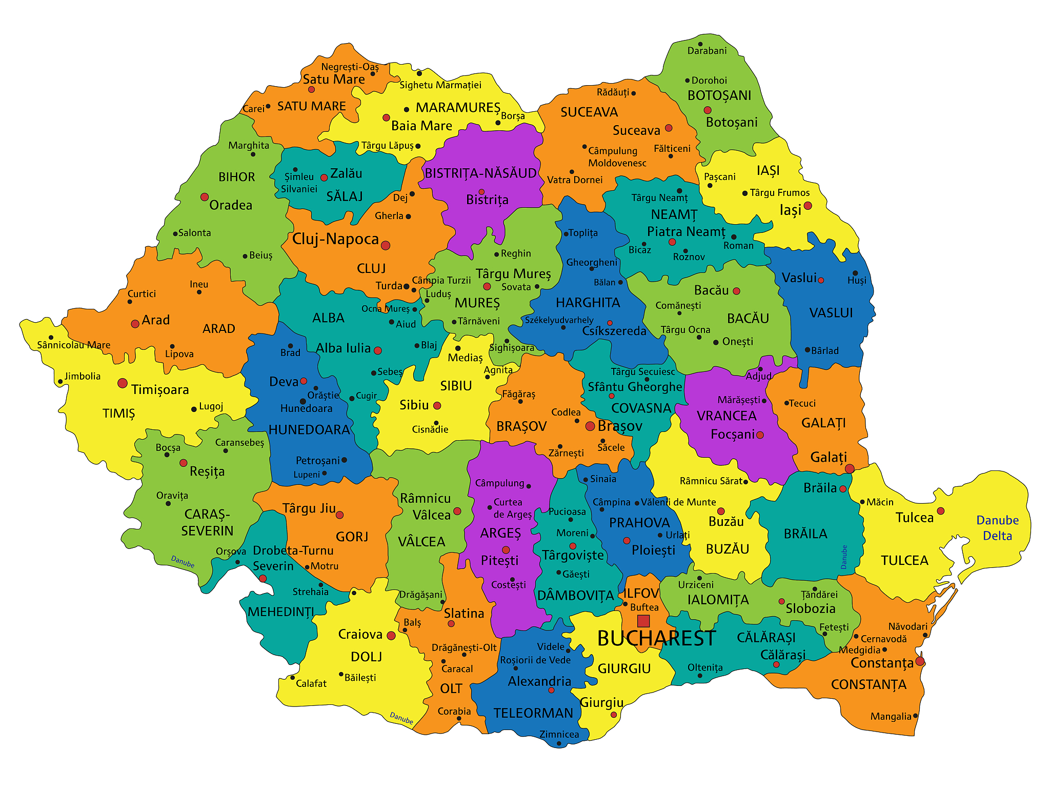 colorful romania political map with clearly labeled, separated l