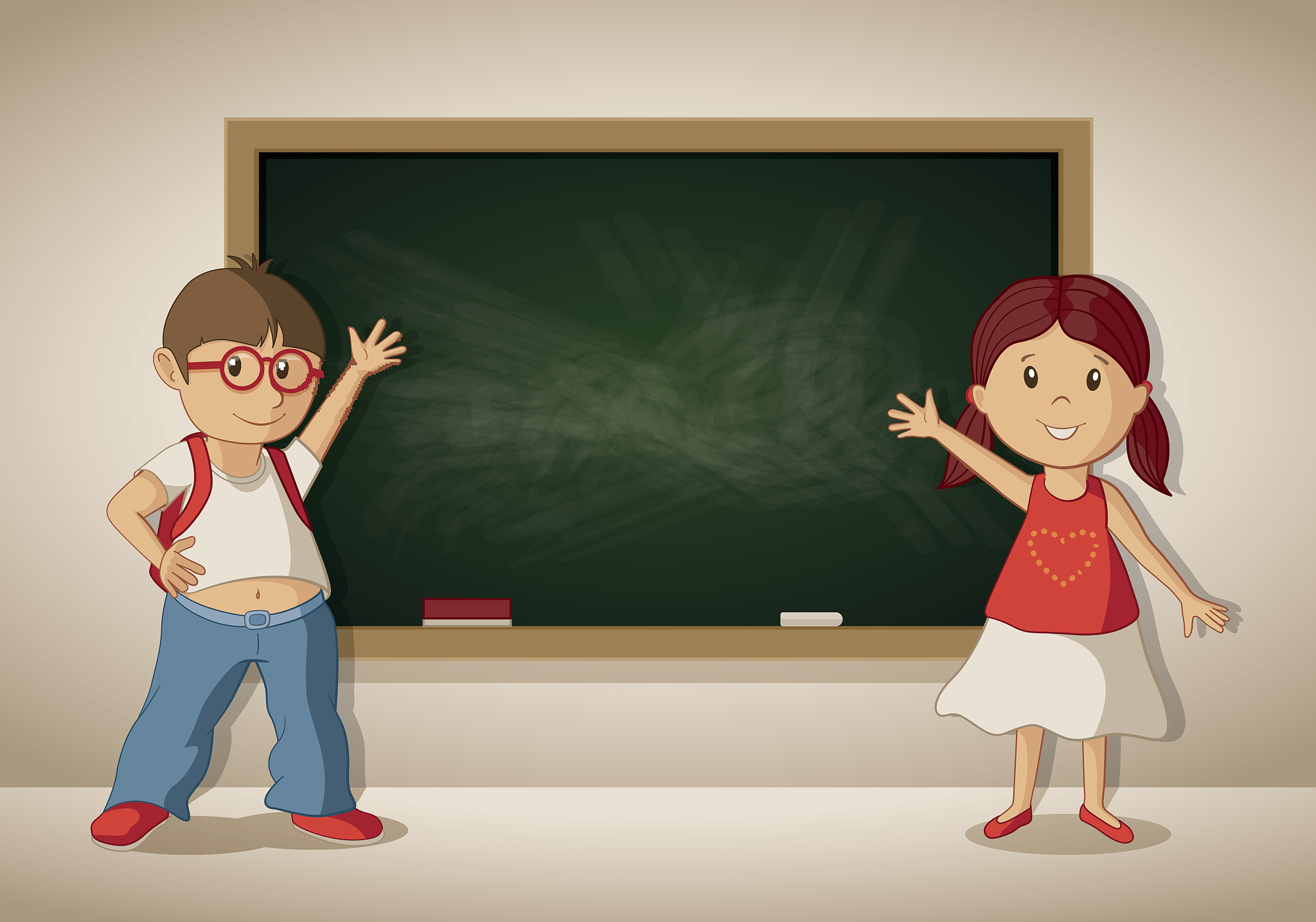 vector boy and girl at the blackboard in the classroom.