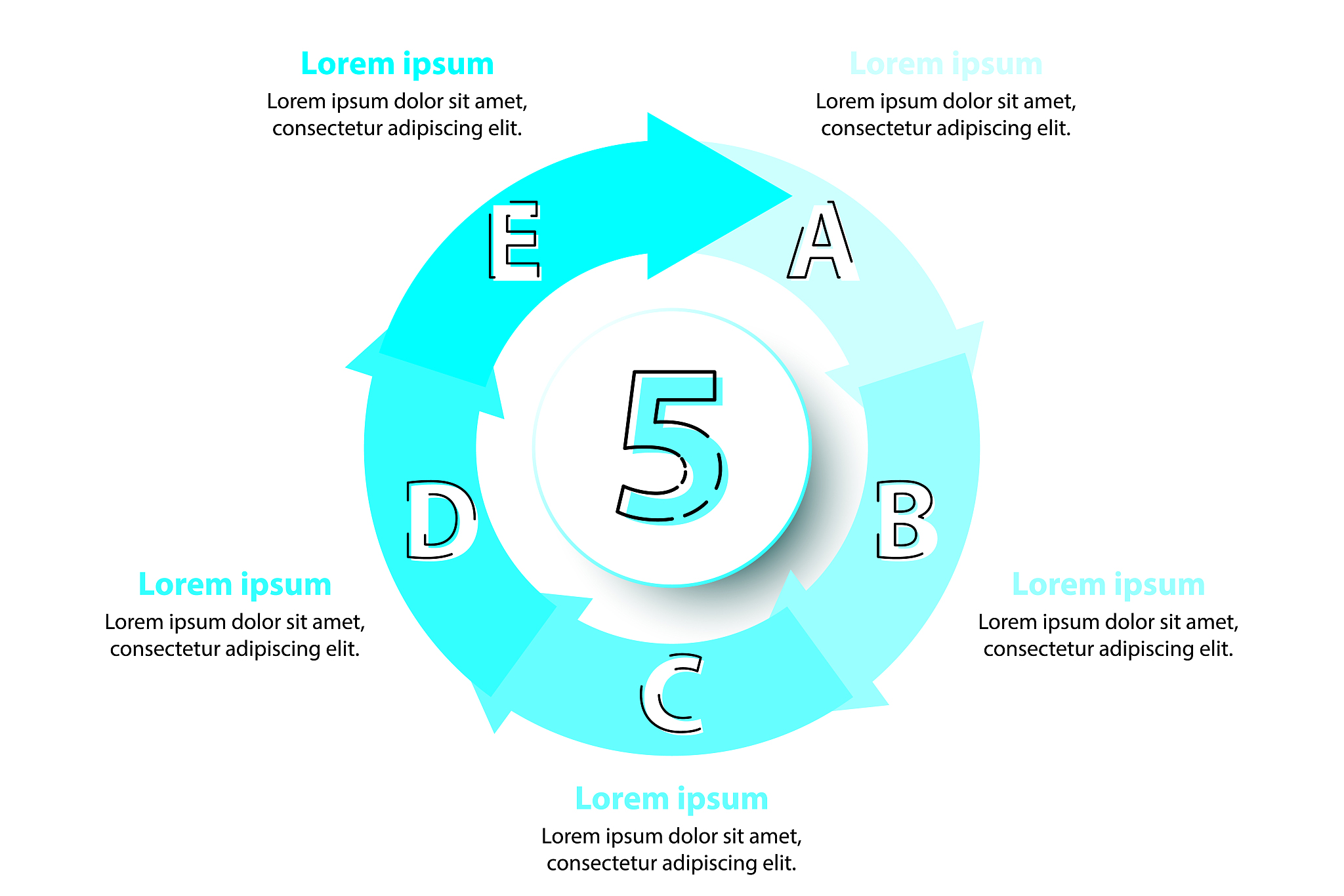 five topics blue arrow chart with 3d paper circle in center for 