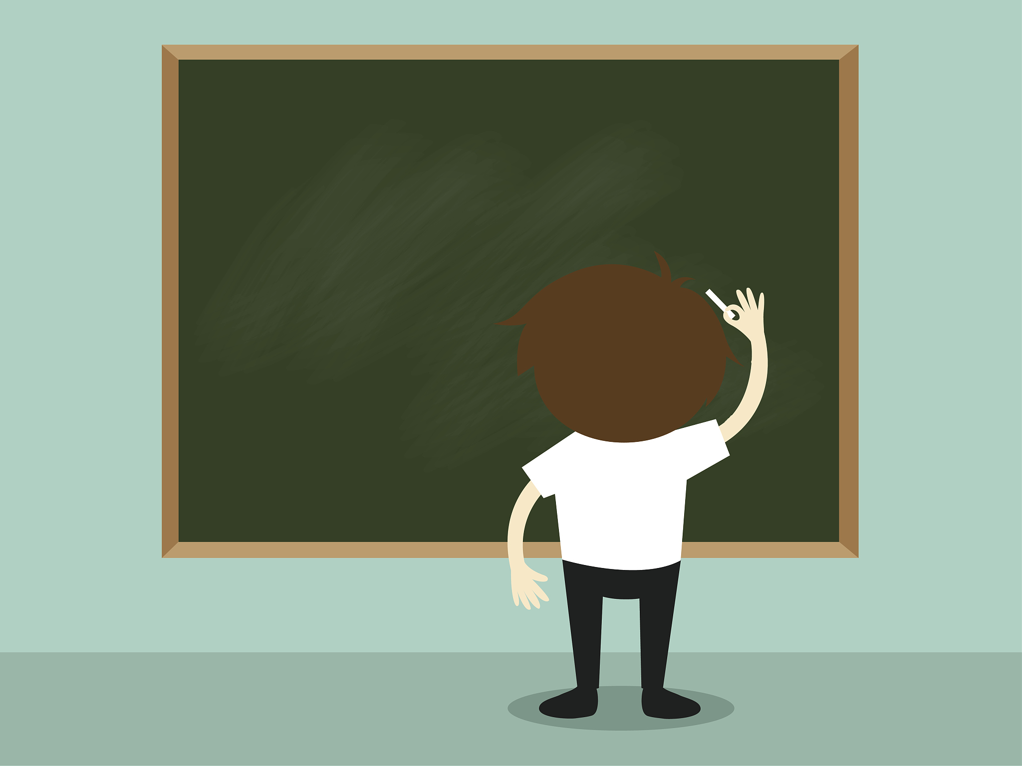 businessman standing in front of green chalkboard and writing.