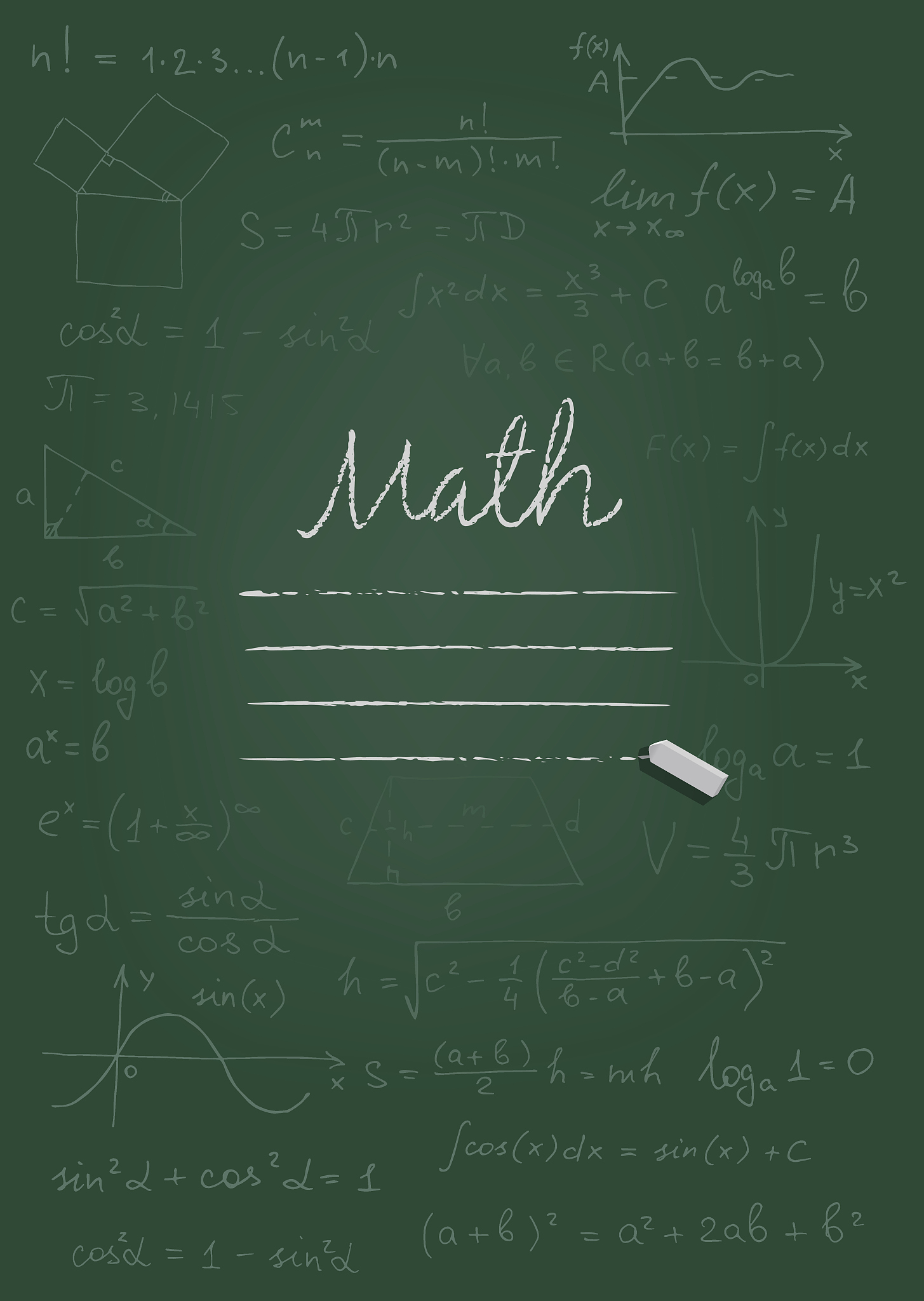 math copybook cover. chalk drawing on green blackboard. vector i
