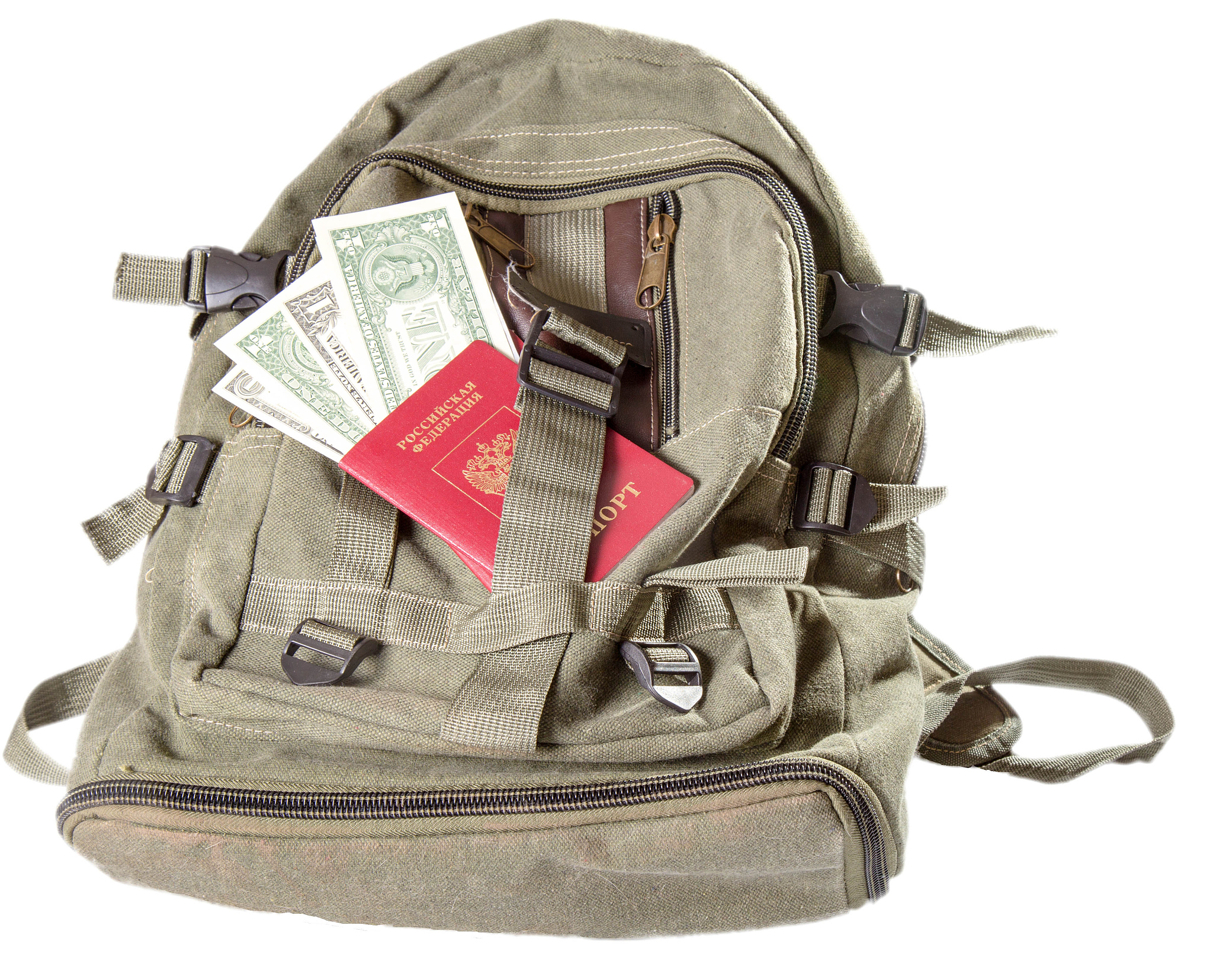 backpack of color khaki on which the russian passport