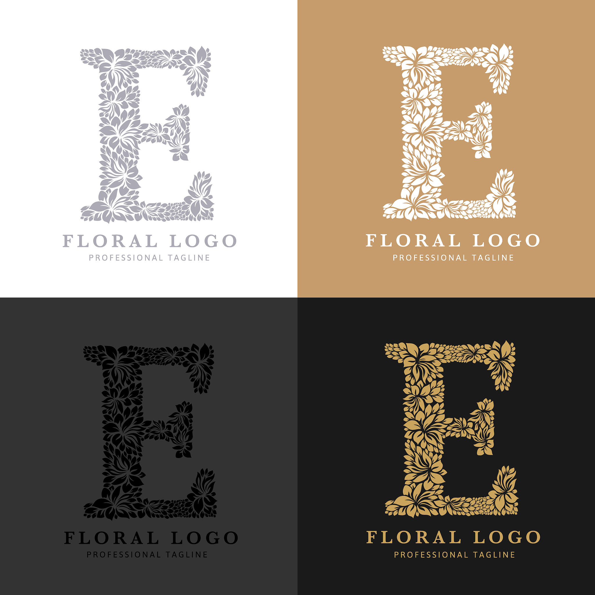 floral letter e logo. flowers and leafs logotype. hand made draw