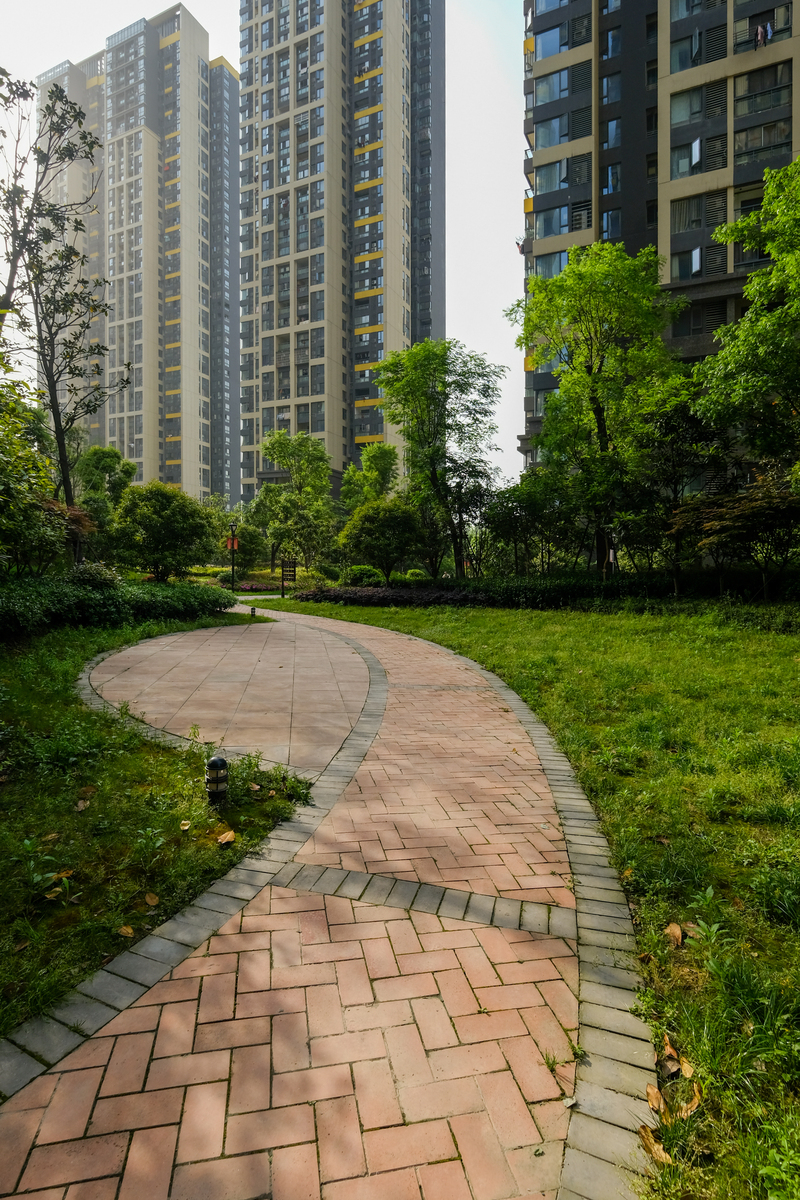 住宅花园里的红色砖砌弯曲小径