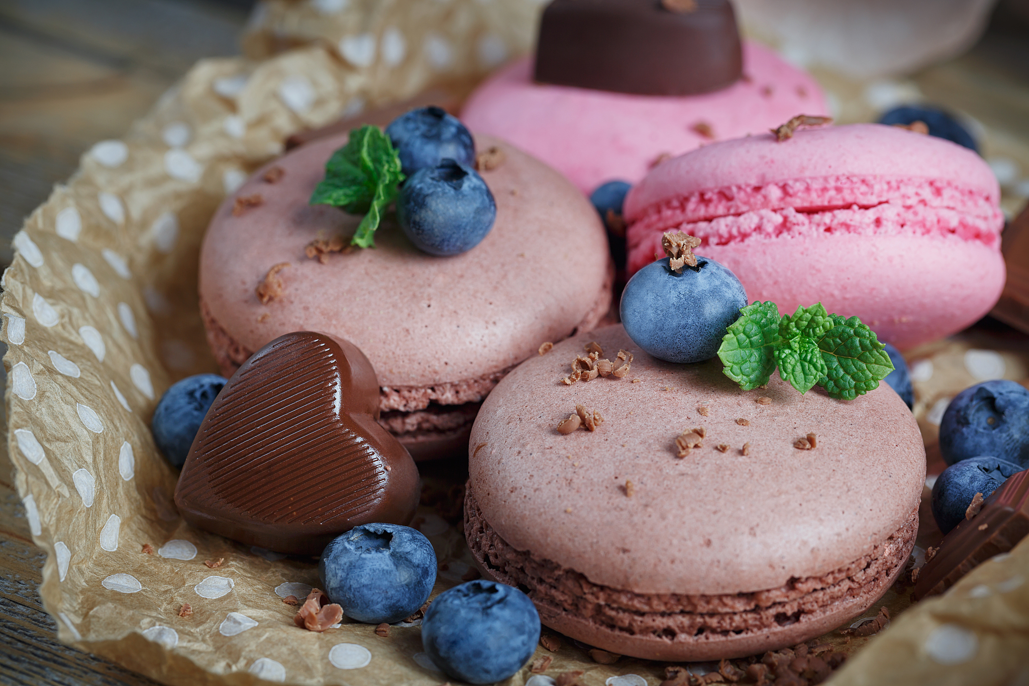 macaroon with fresh blueberries and chocolate