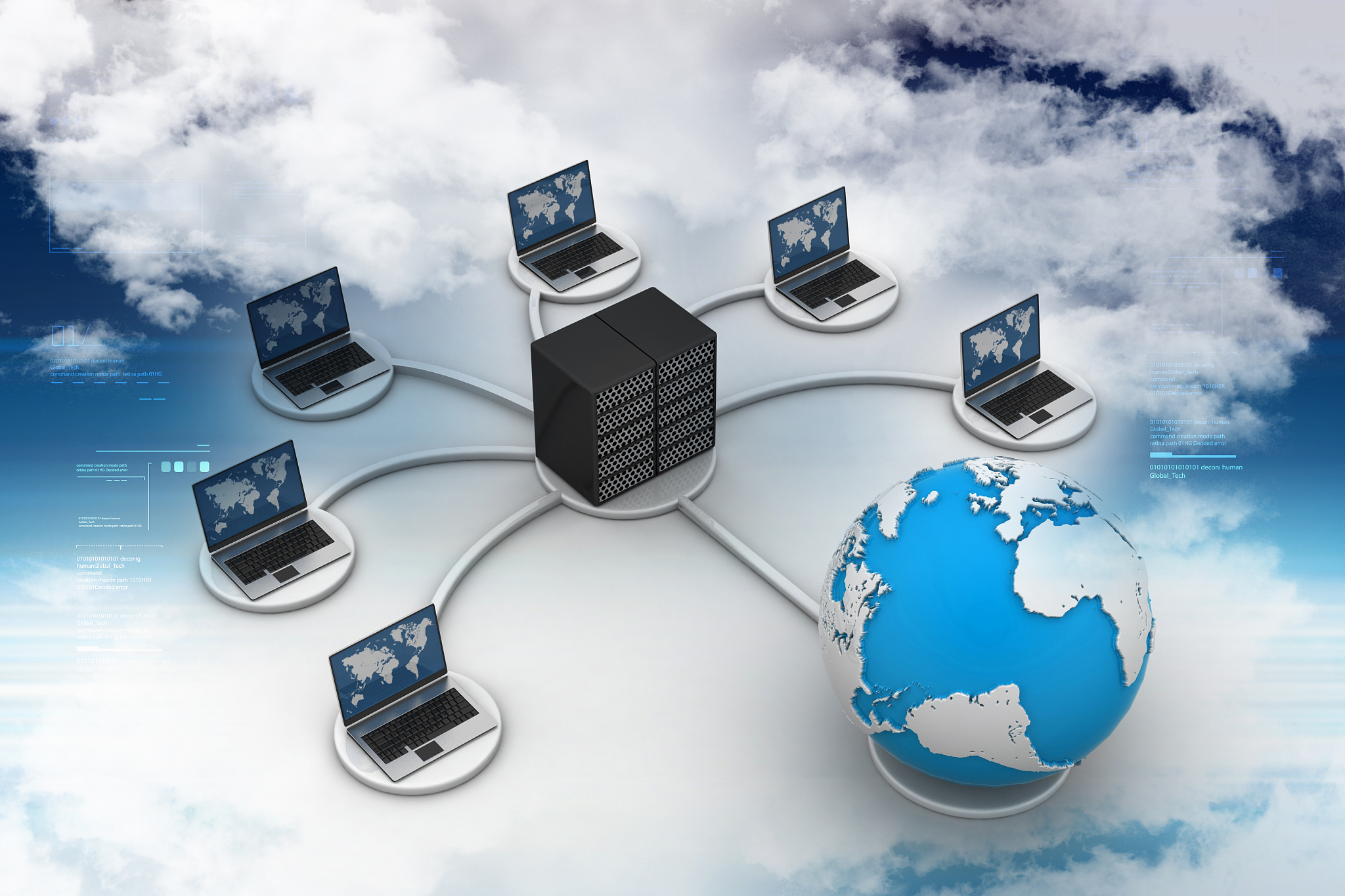 laptop with big server net work firewall. 3d image