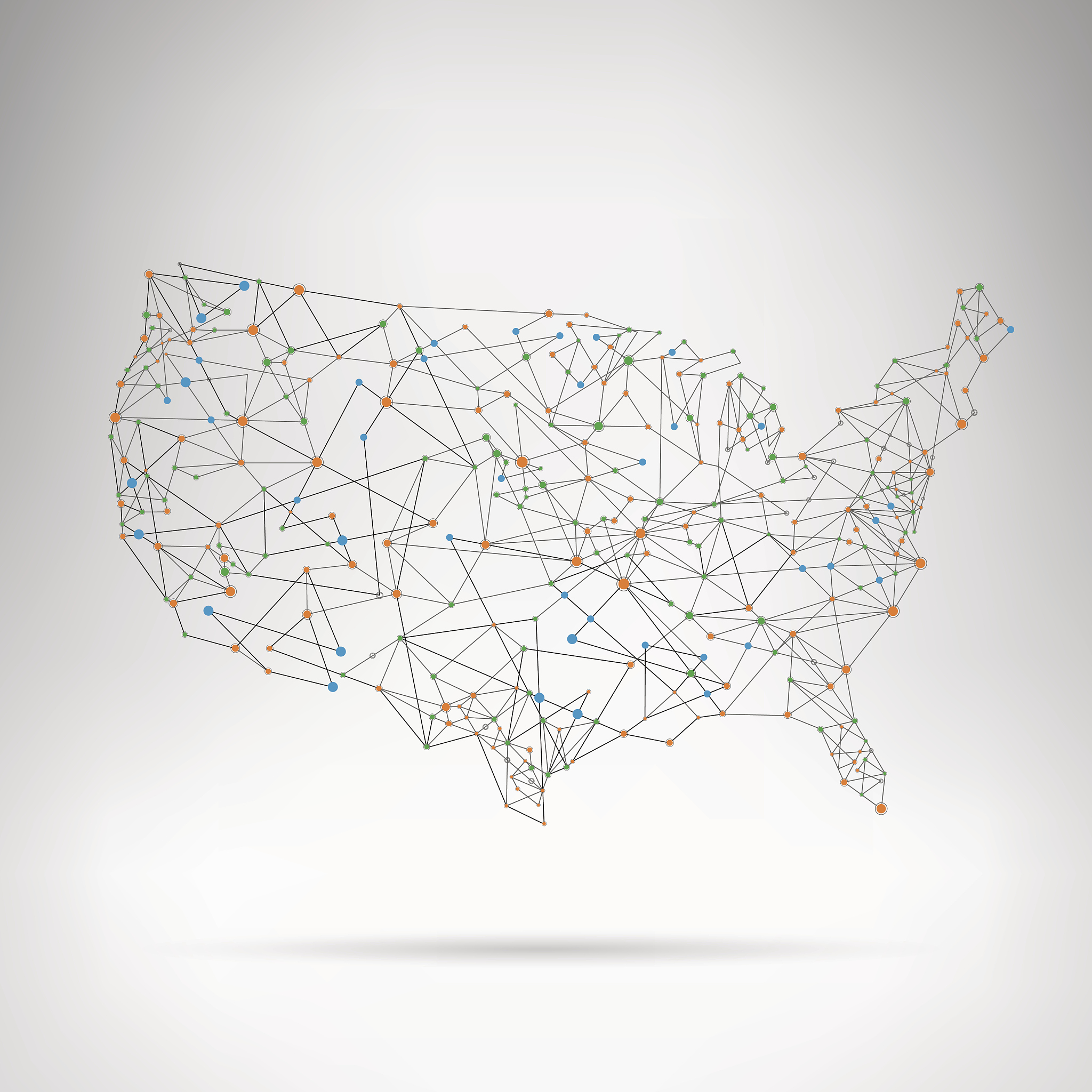 usa network map with shadow on grey background