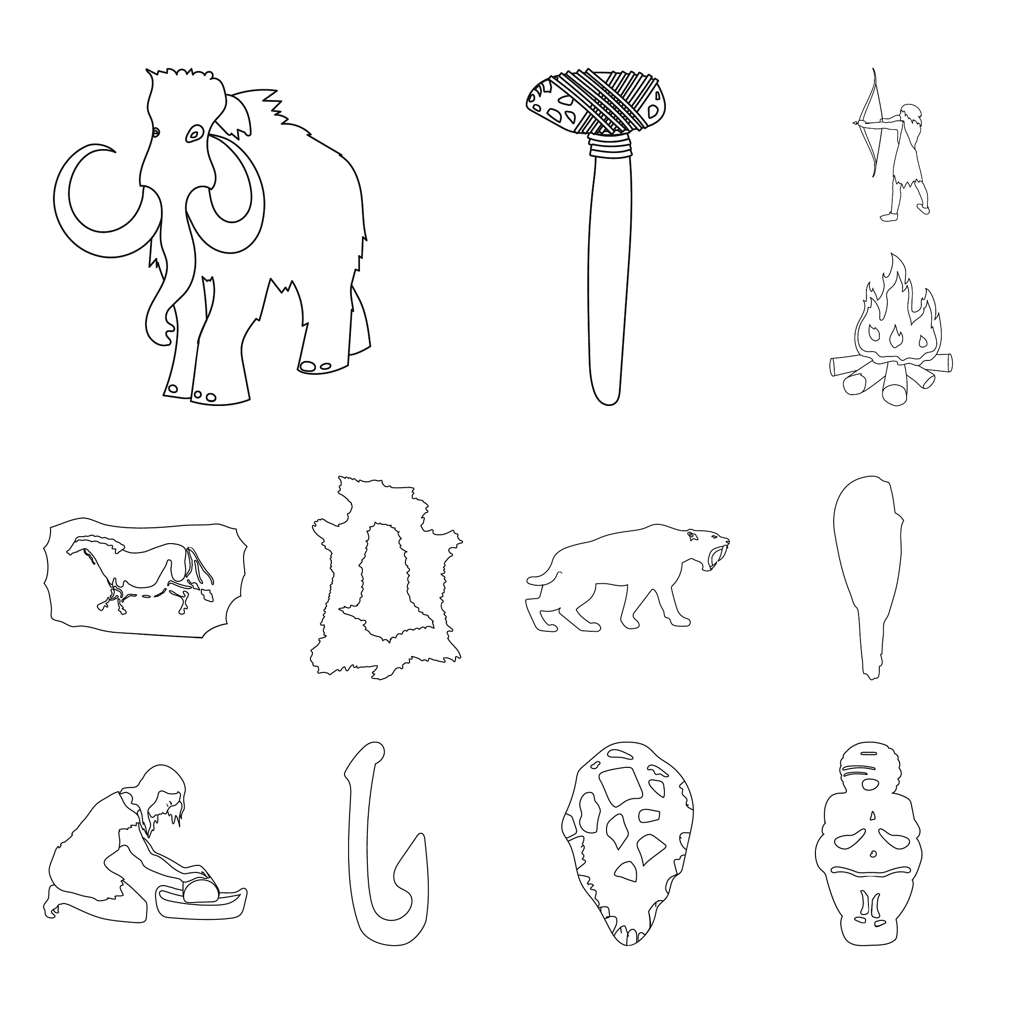 life in the stone age outline icons in set
