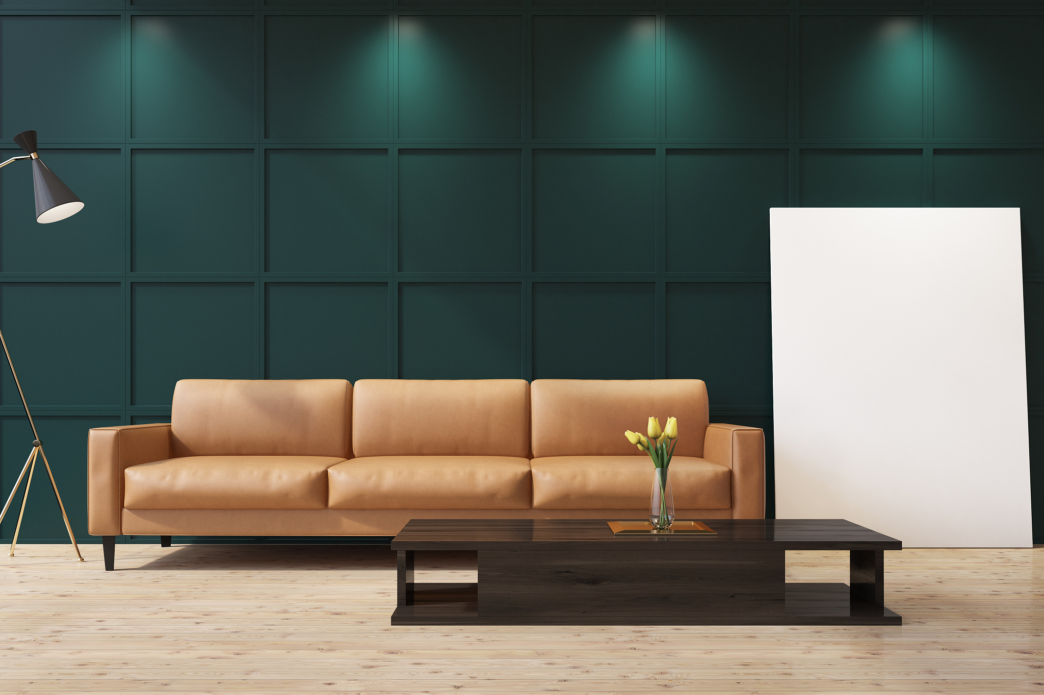 beige sofa in a green living room close up