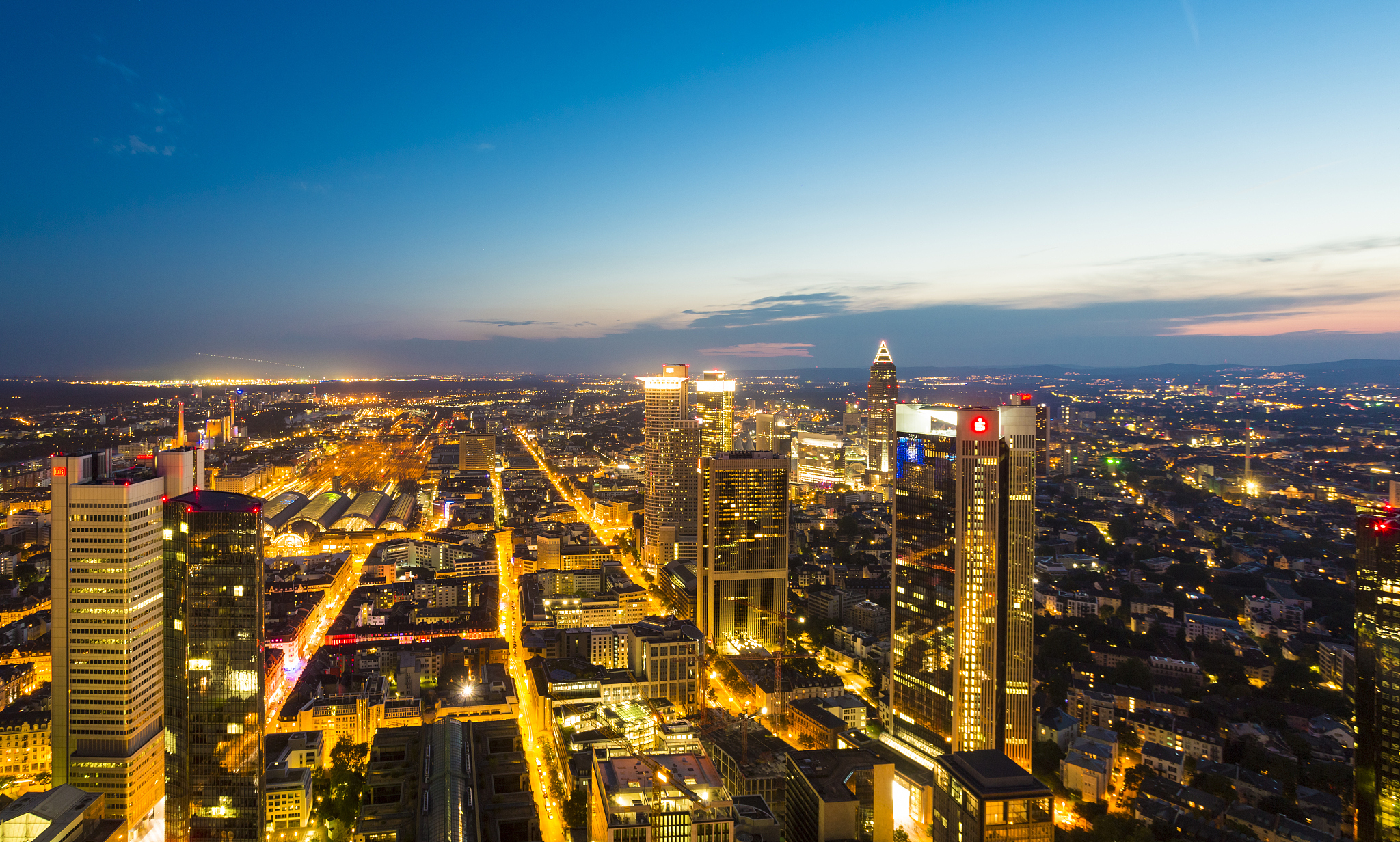 germany, frankfurt, city view from above by sunset