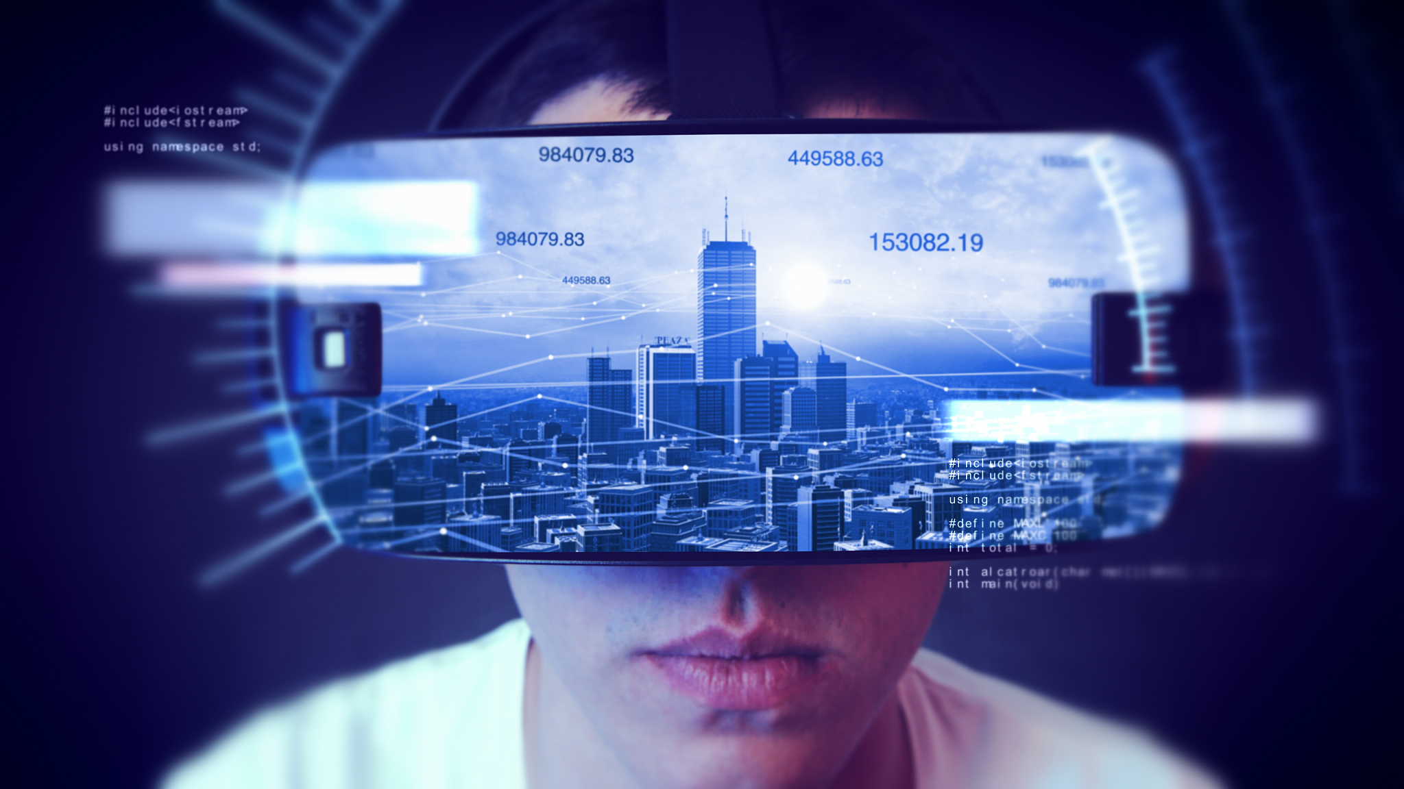 young man wearing vr headset and watching business related graph