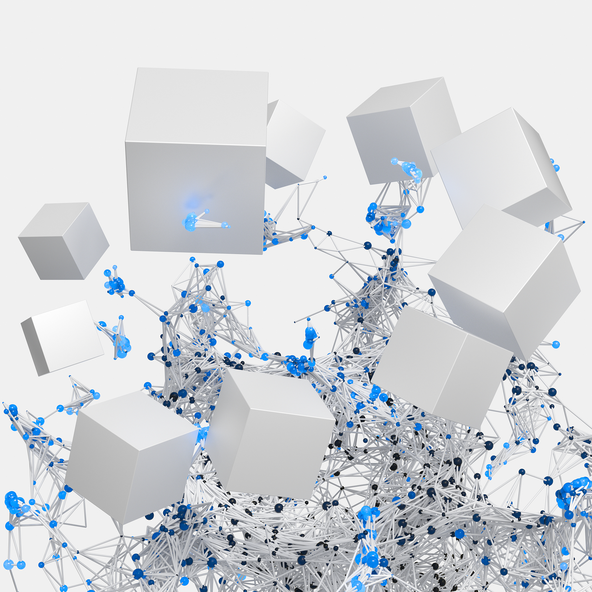 glowing nodes with white cubes, 3d rendering.