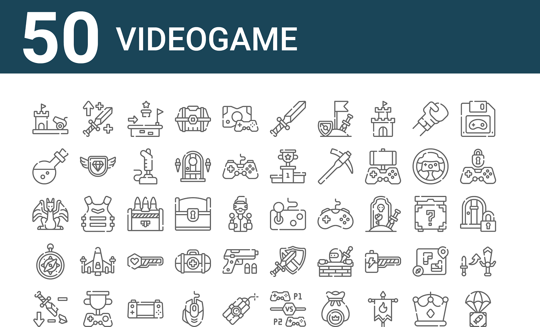 set 50 videogame icons outline thin line icons