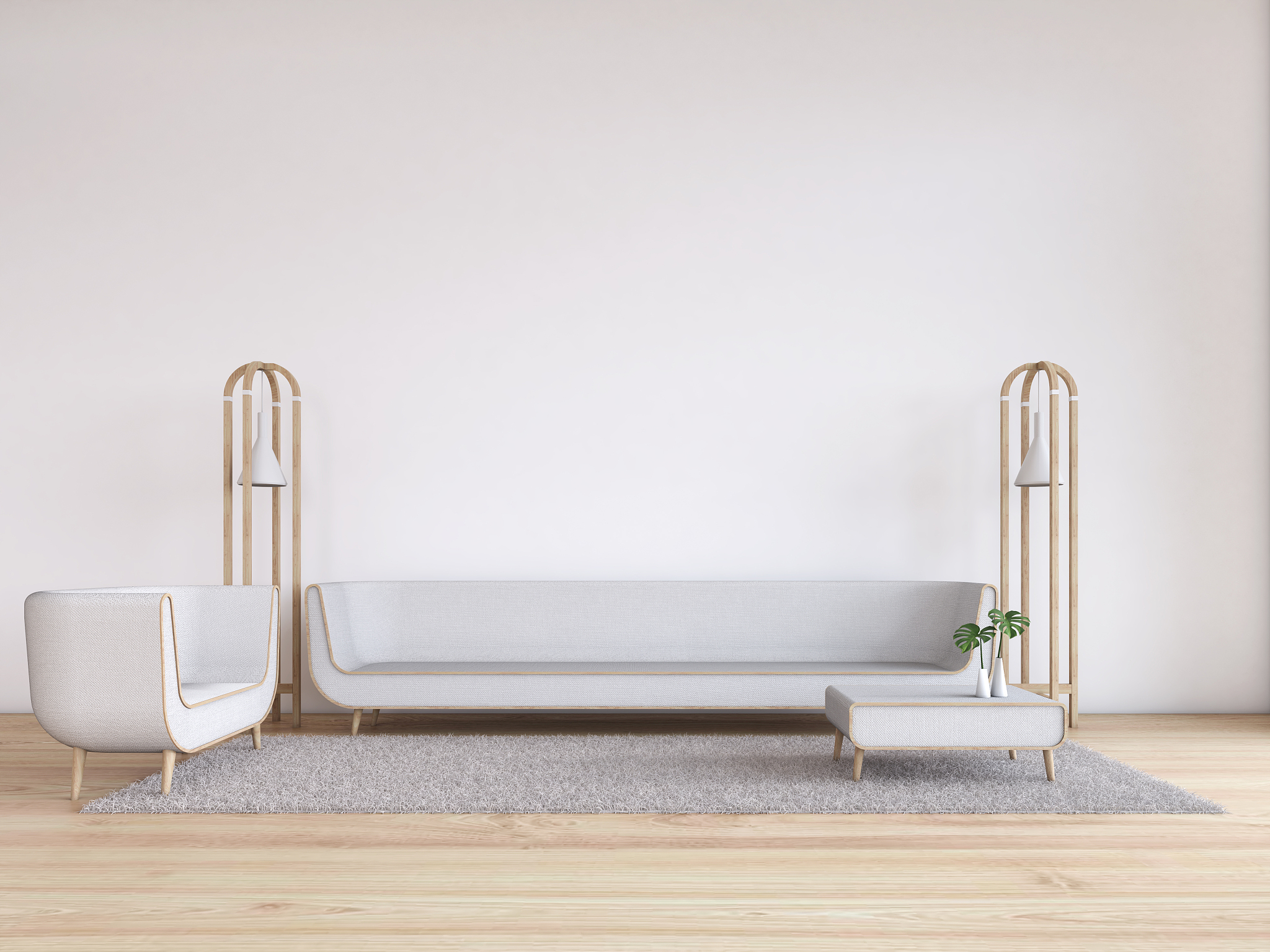 modern living room white wall wood floor and sofa 3d rendering