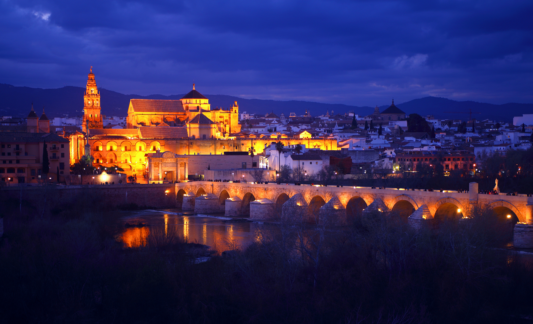 cordoba, andalucia, spain. panoramic view at night of the city's