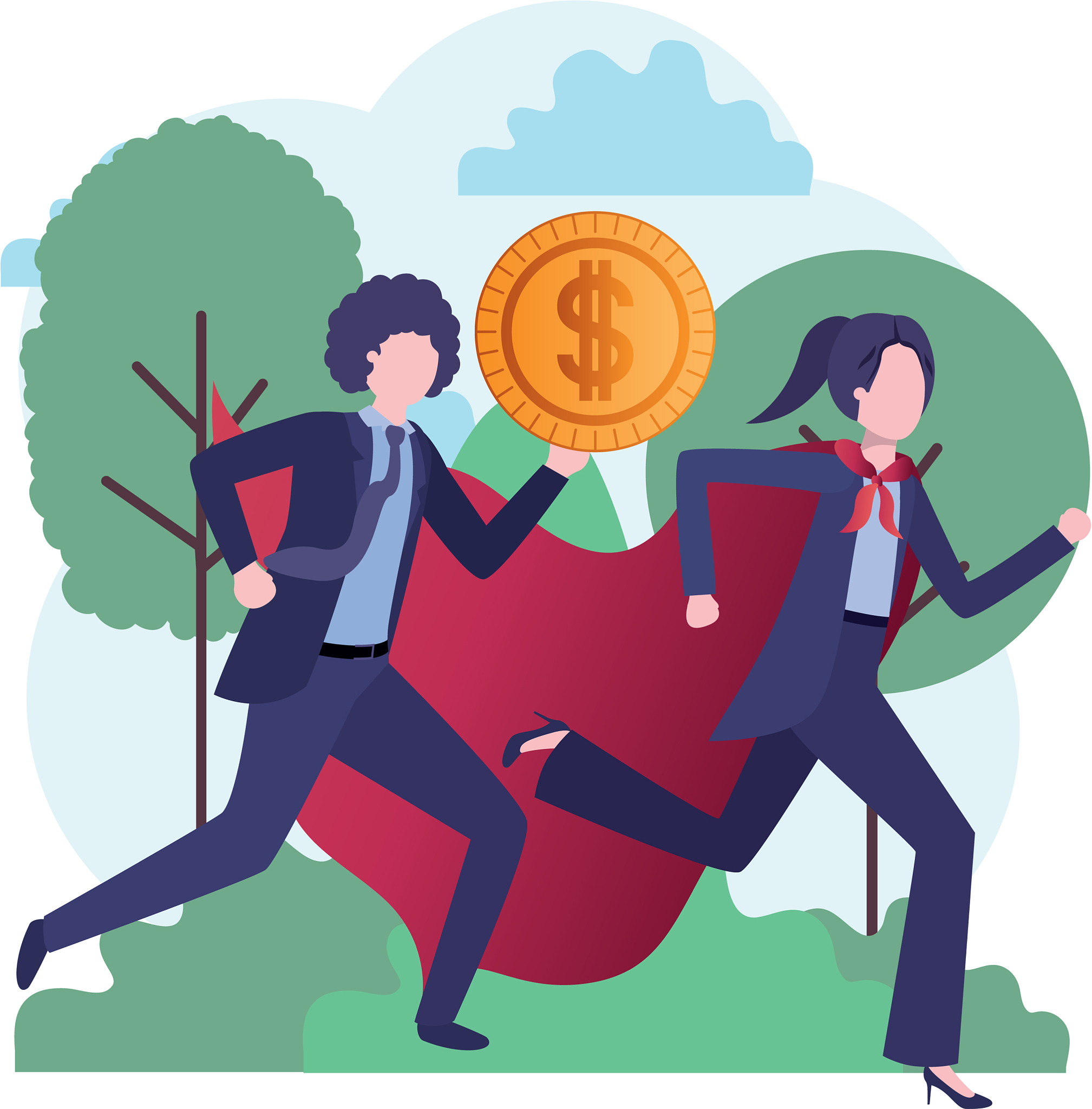 business couple with hero coat and currency