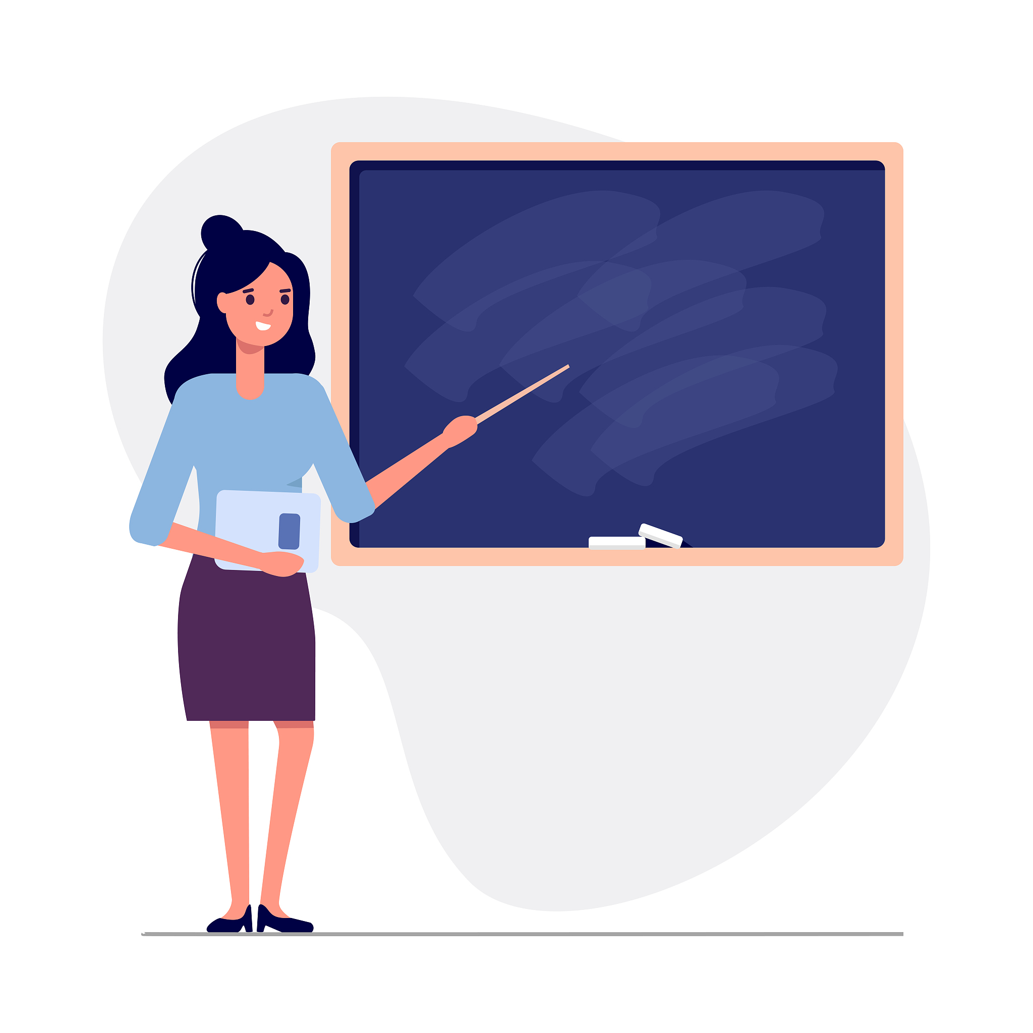 young female teacher on lesson at blackboard in classroom isolat