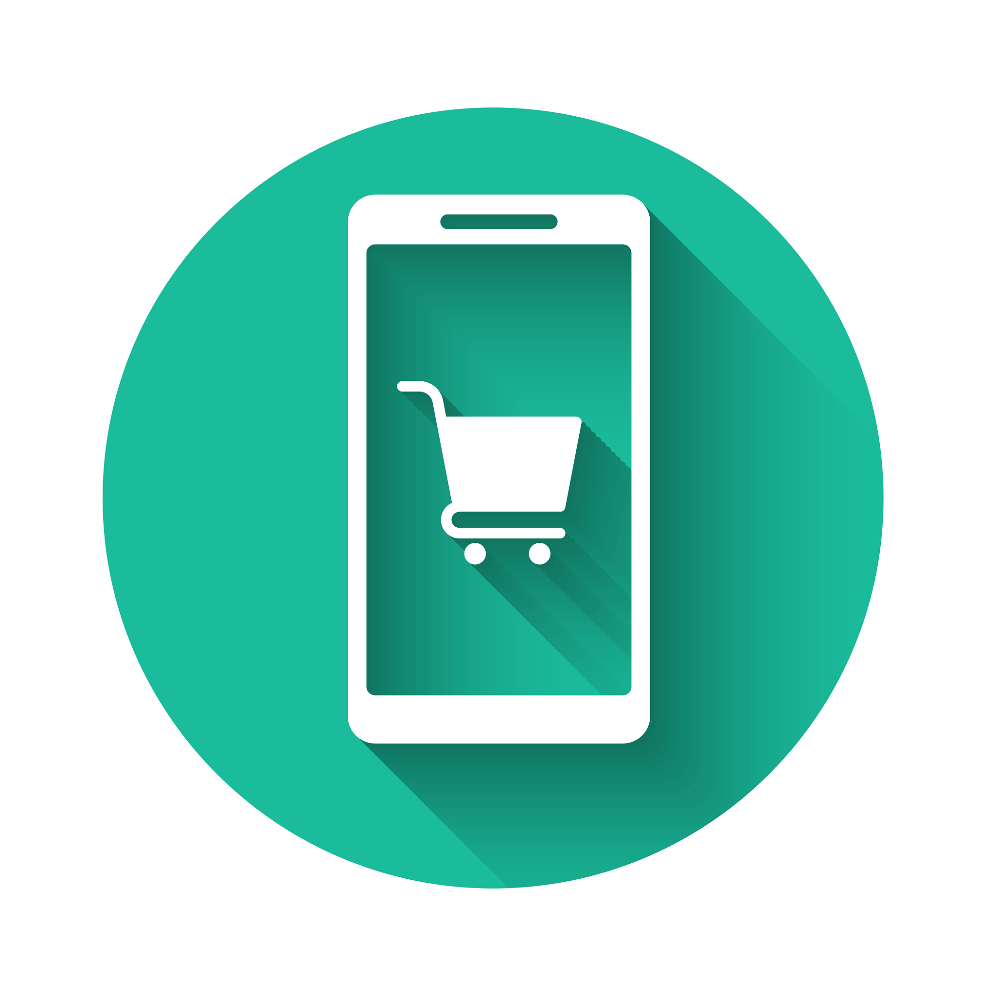 white mobile phone and shopping cart icon isolated