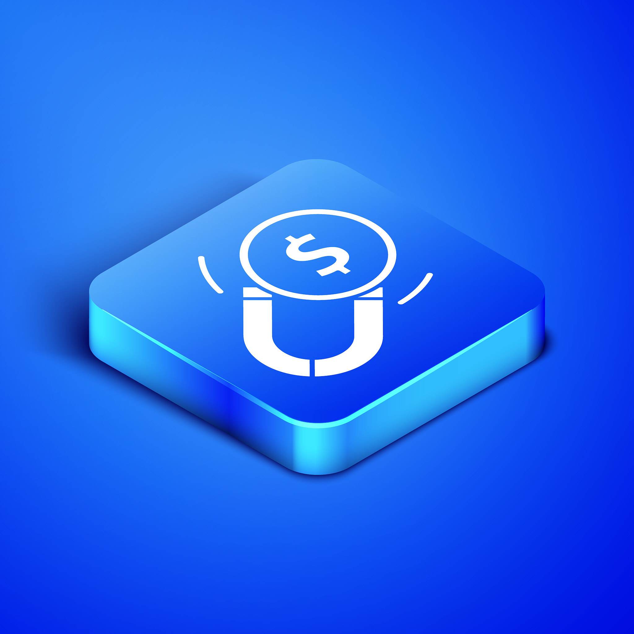 isometric magnet with money icon isolated on blue background. co