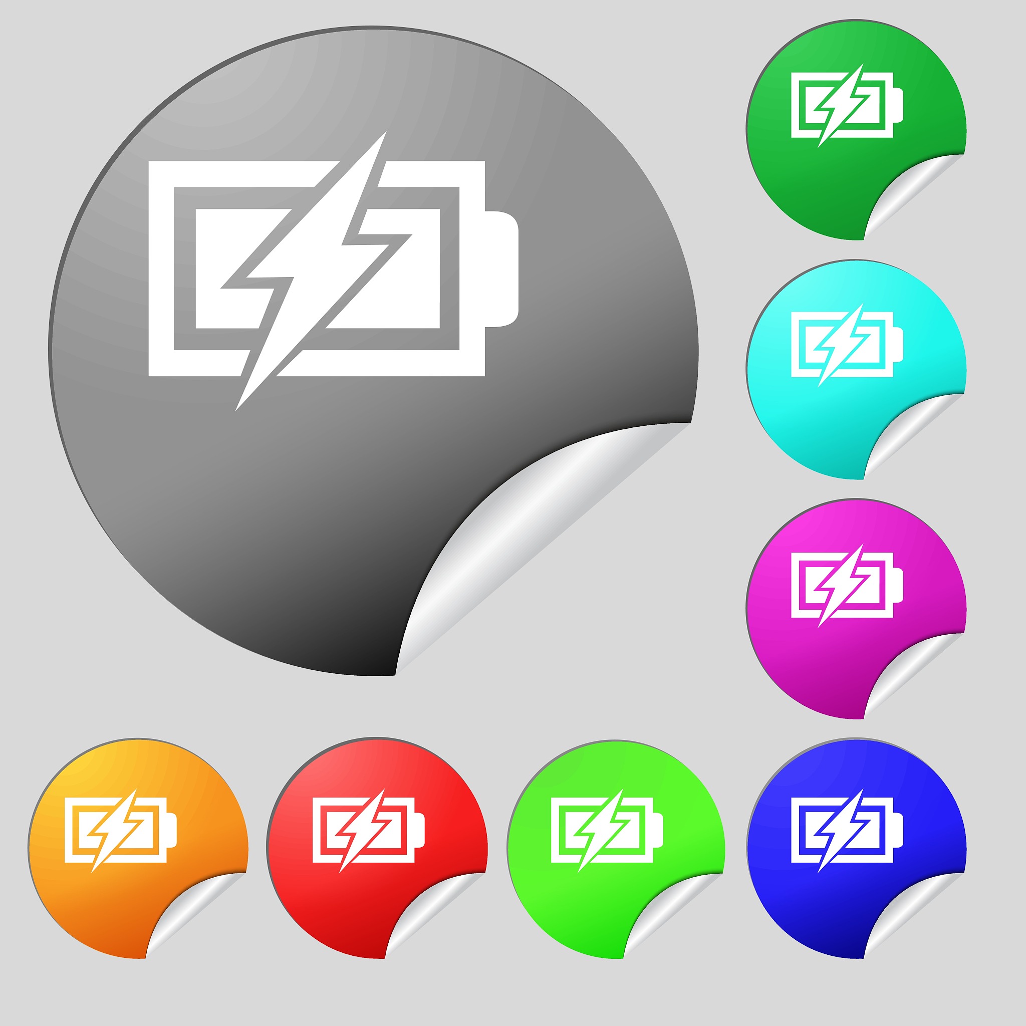 battery charging sign icon. lightning symbol. set of eight multi