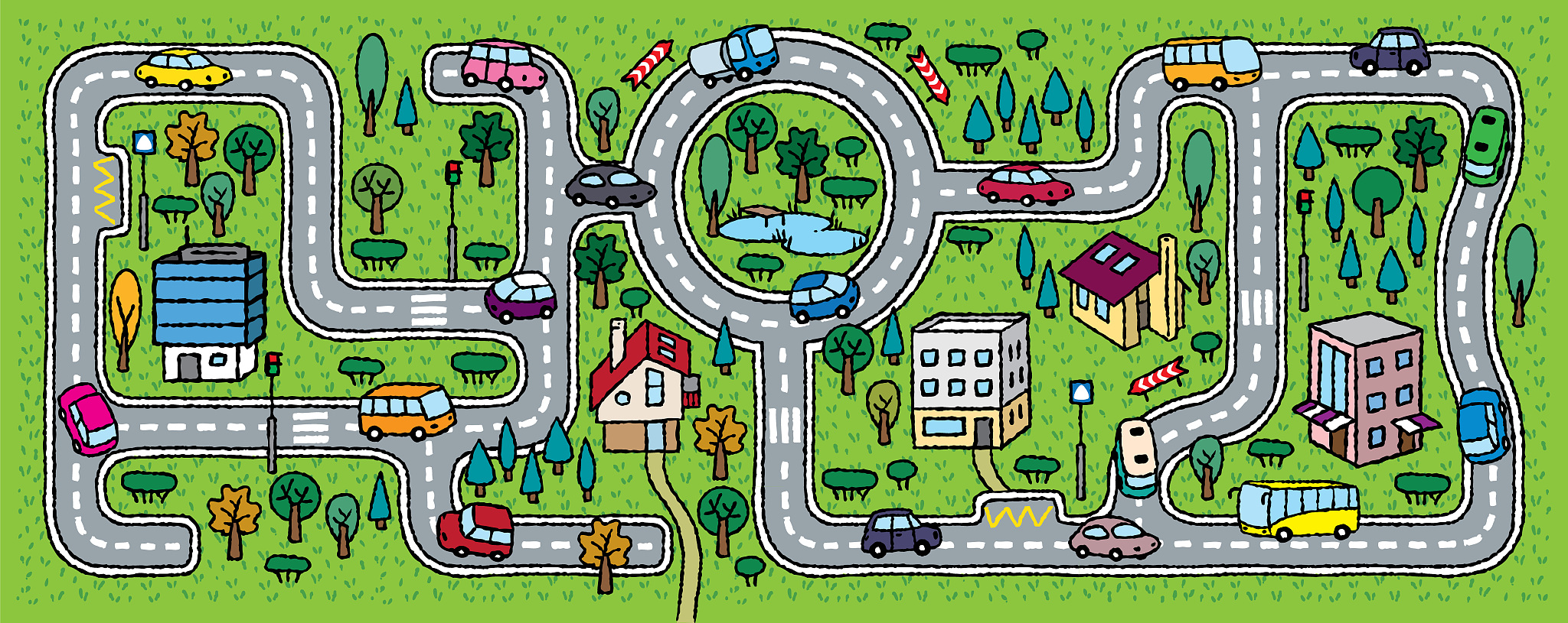 city pattern. roads, cars, grass areas background