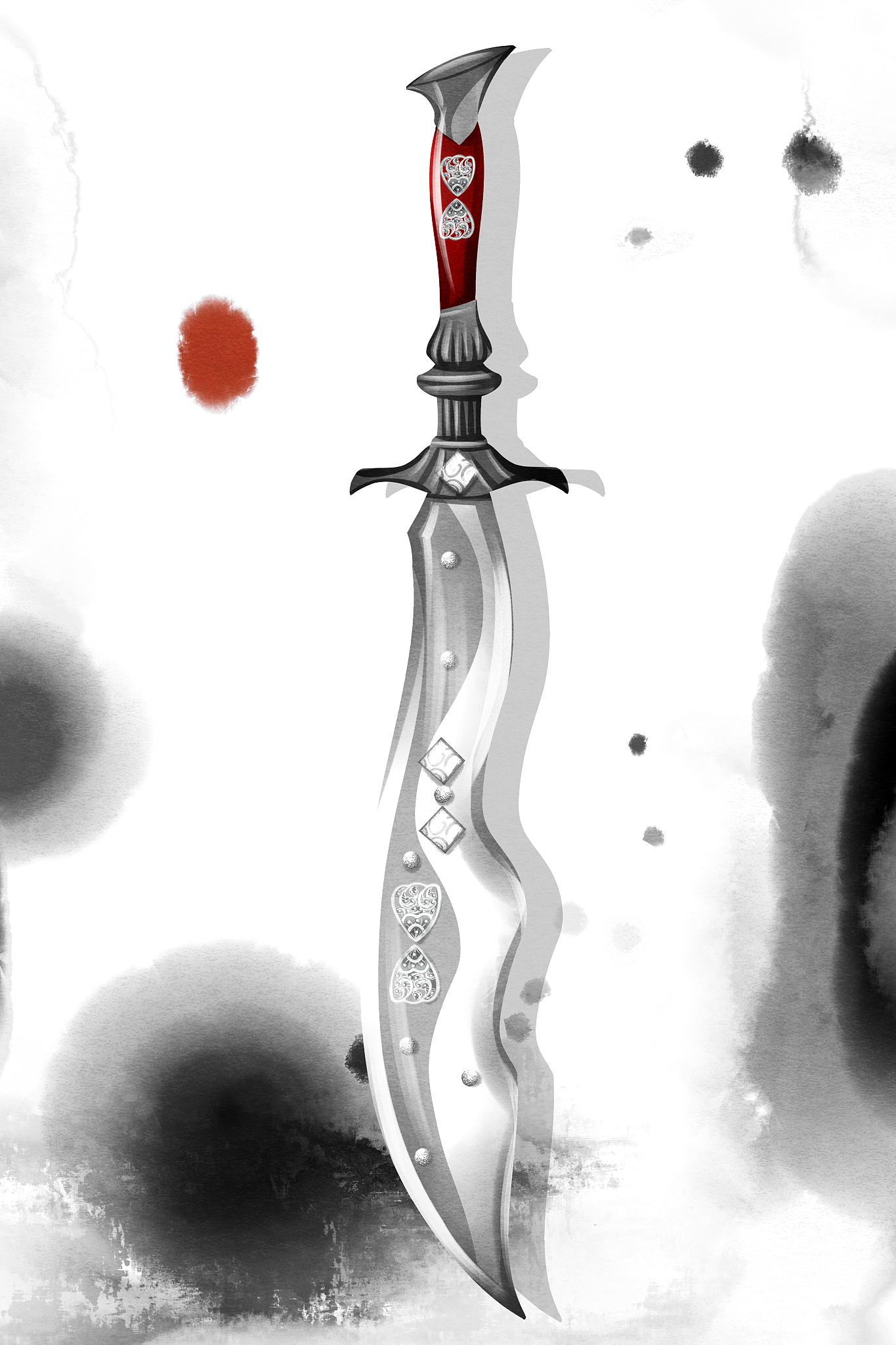 中国风水彩武器刀插画