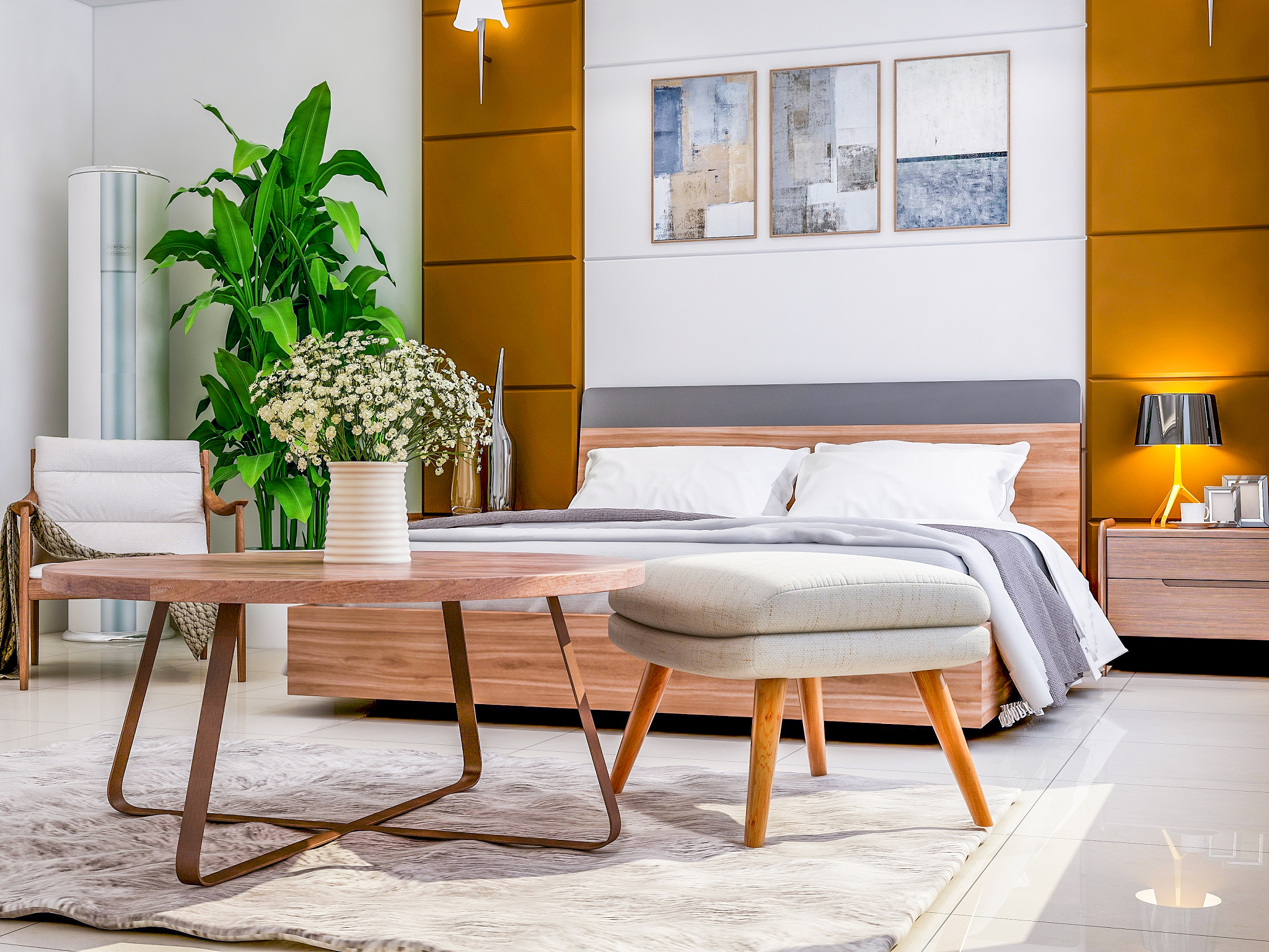 luxurious hotel bedroom, double bed with low carbon and coffee t