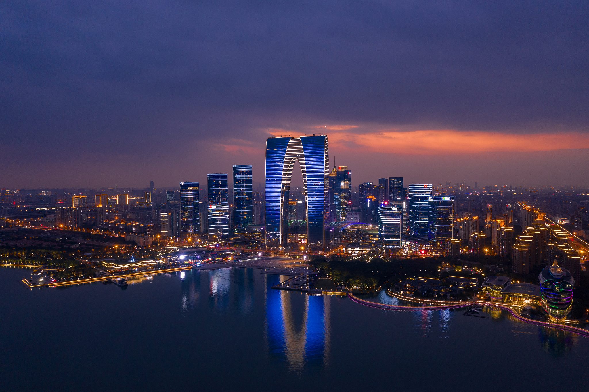 航拍苏州现代城市夜景风光