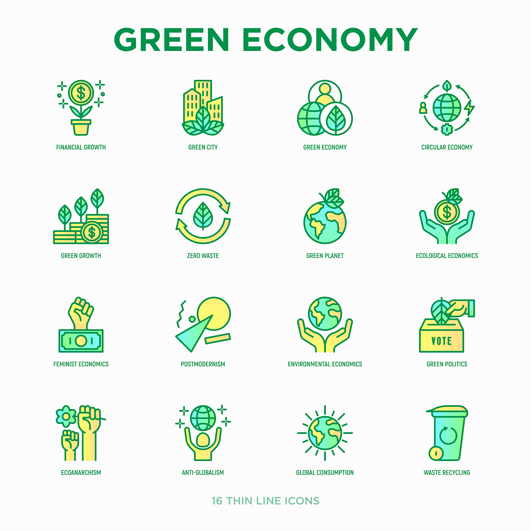 green economy thin line icons set: financial growth, green city,