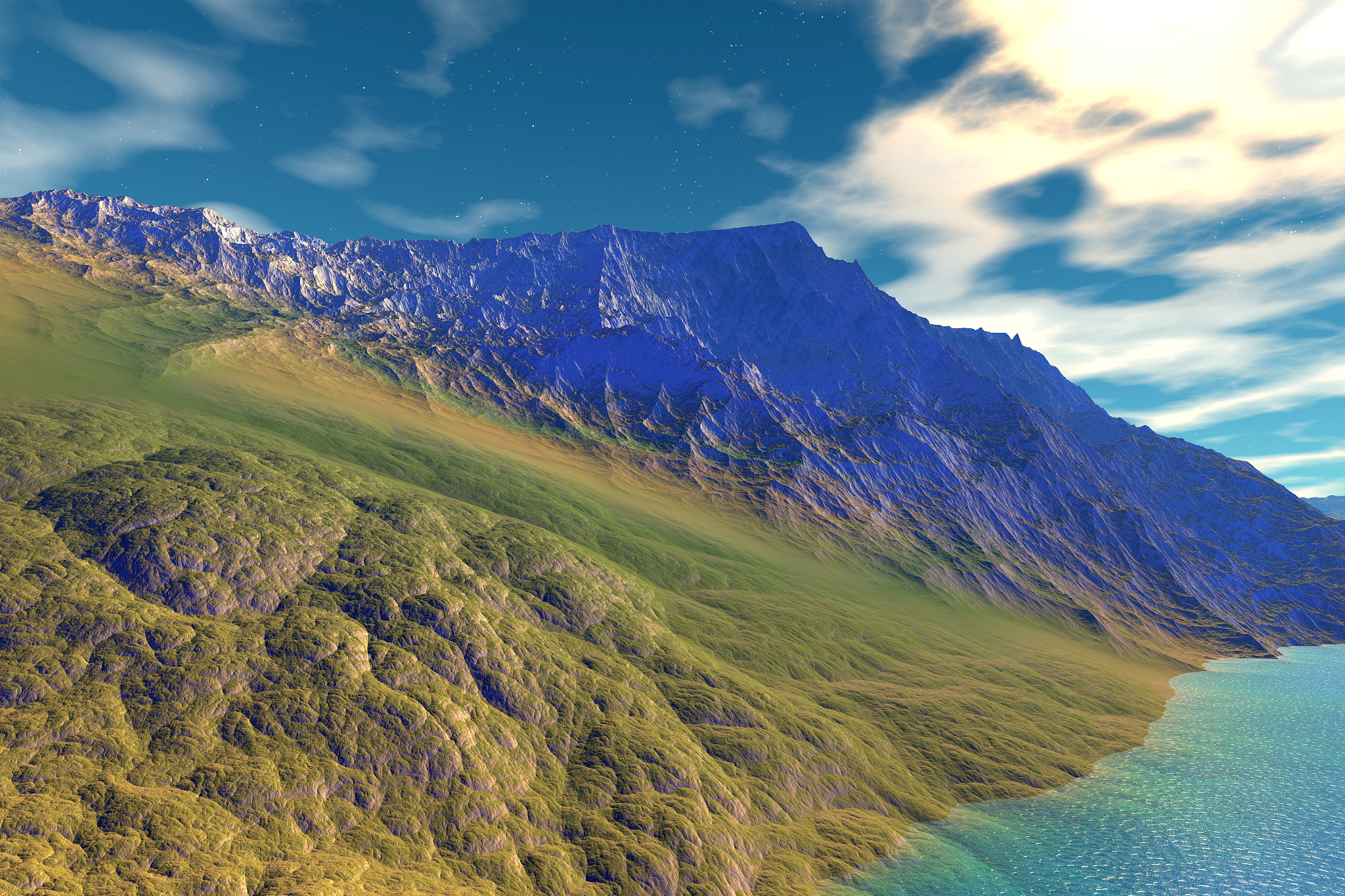 alien planet. mountain and water. 3d rendering