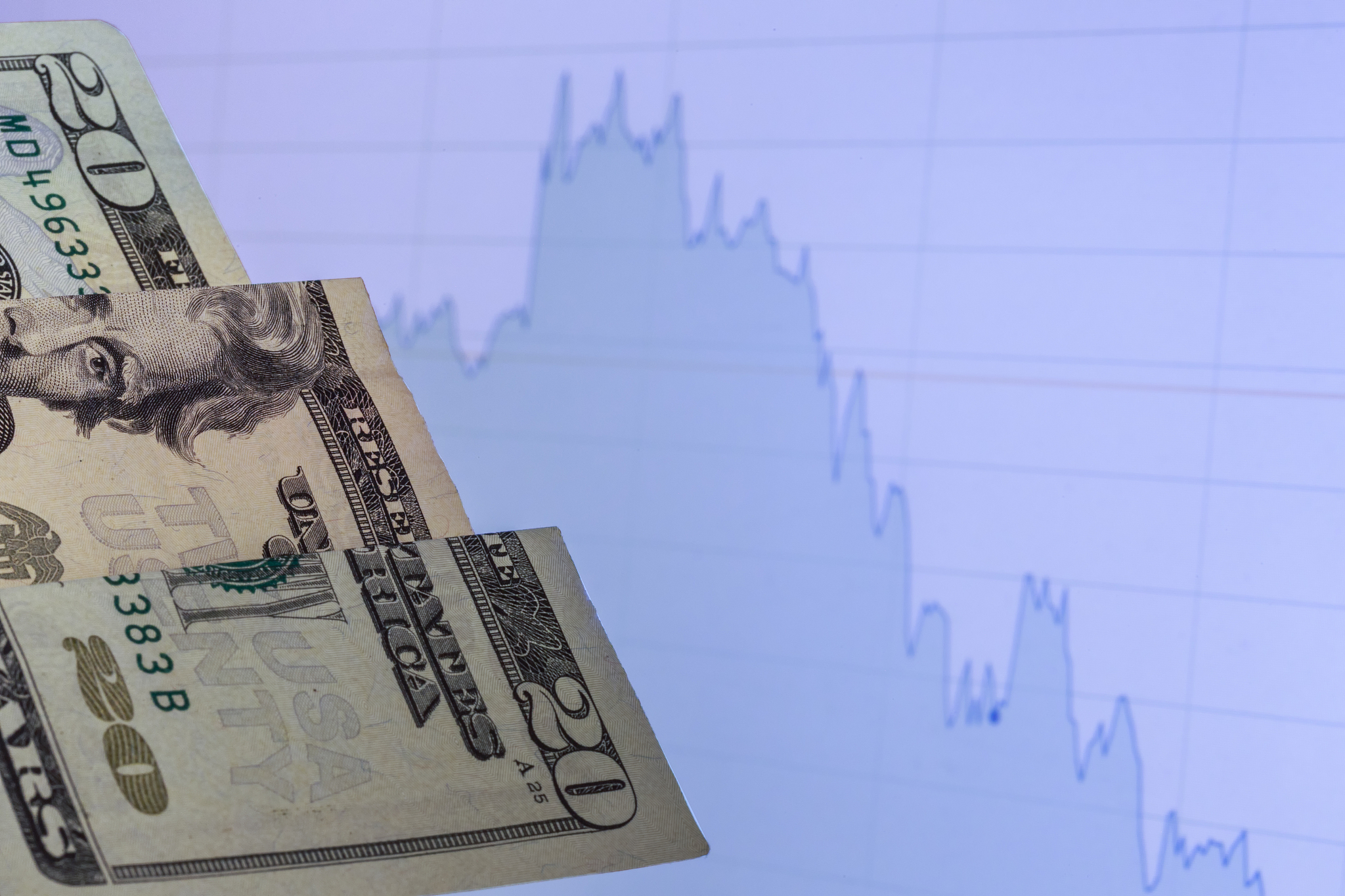 america us dollar note and falling down like financial chart