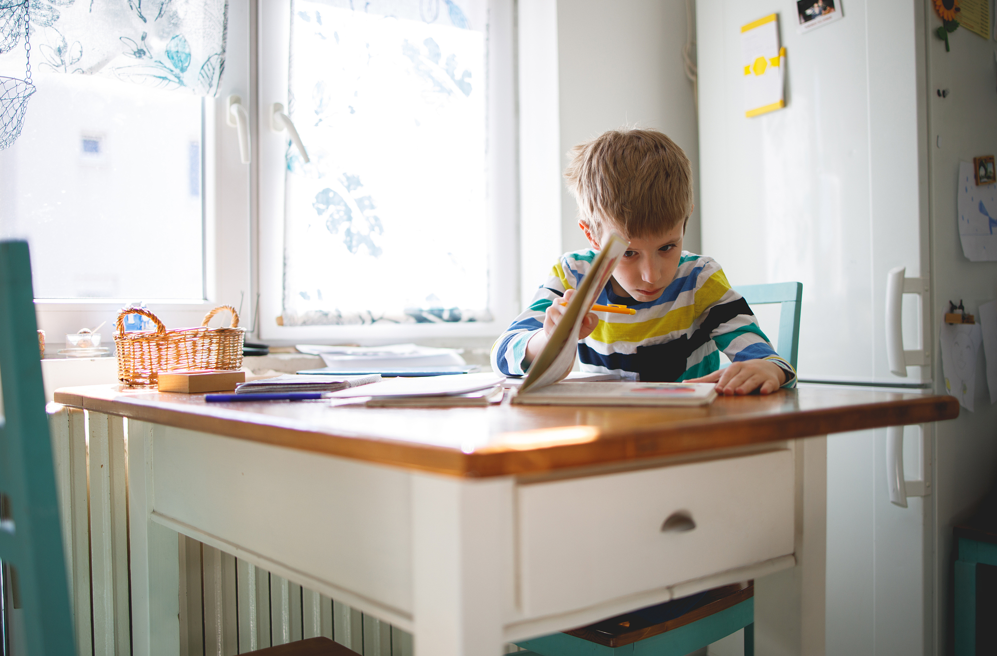 boy doing homework, learning at home