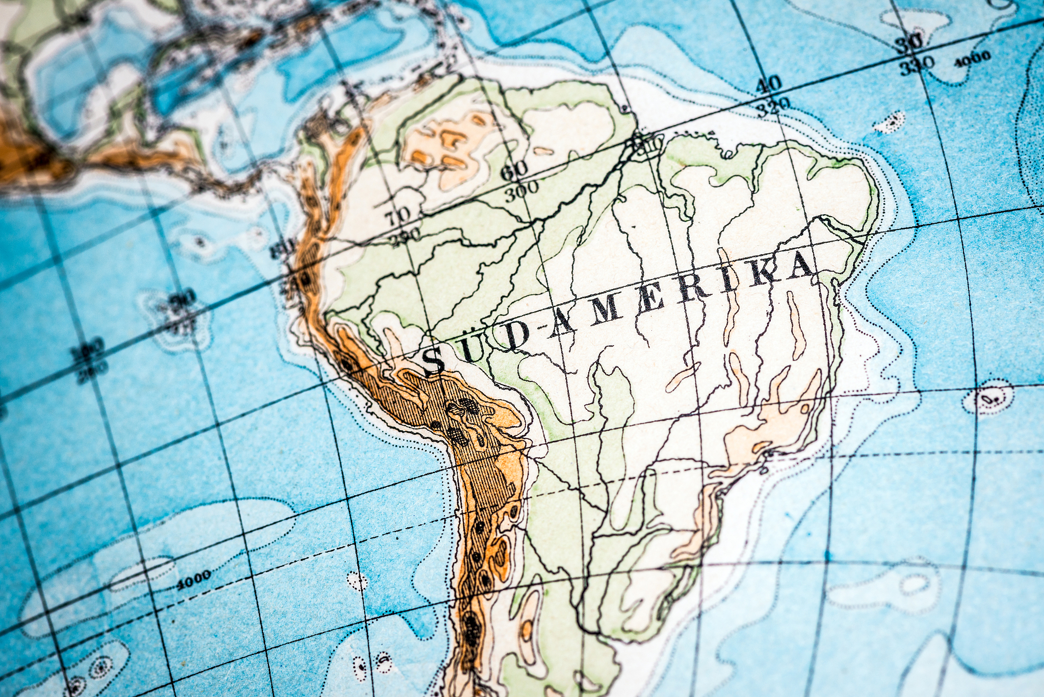 antique german atlas map close up: south america