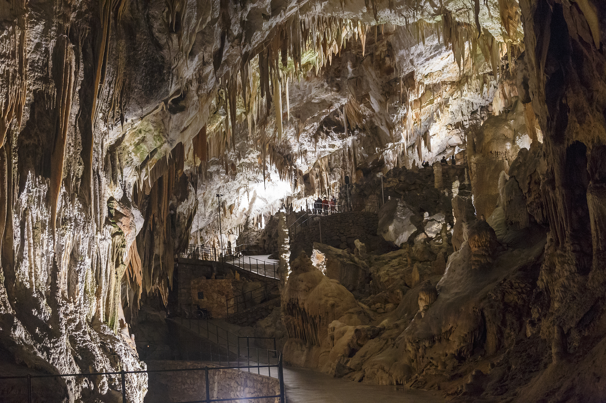 postojna cave, slovenia, with stalactites and stalagmites.